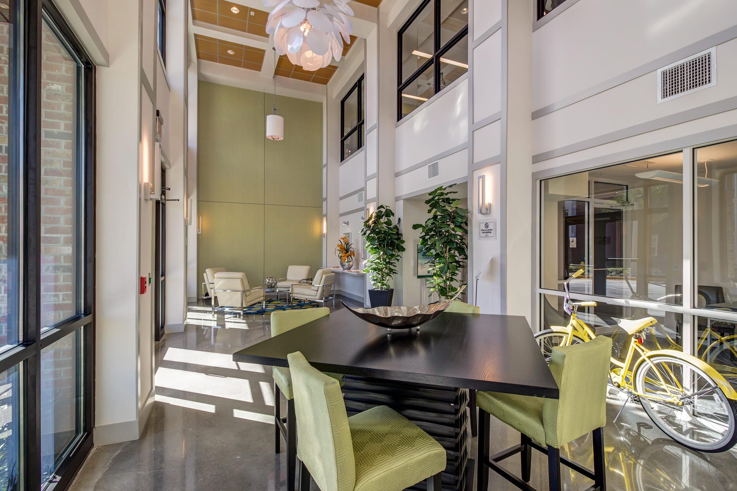 a dining room table in front of a building