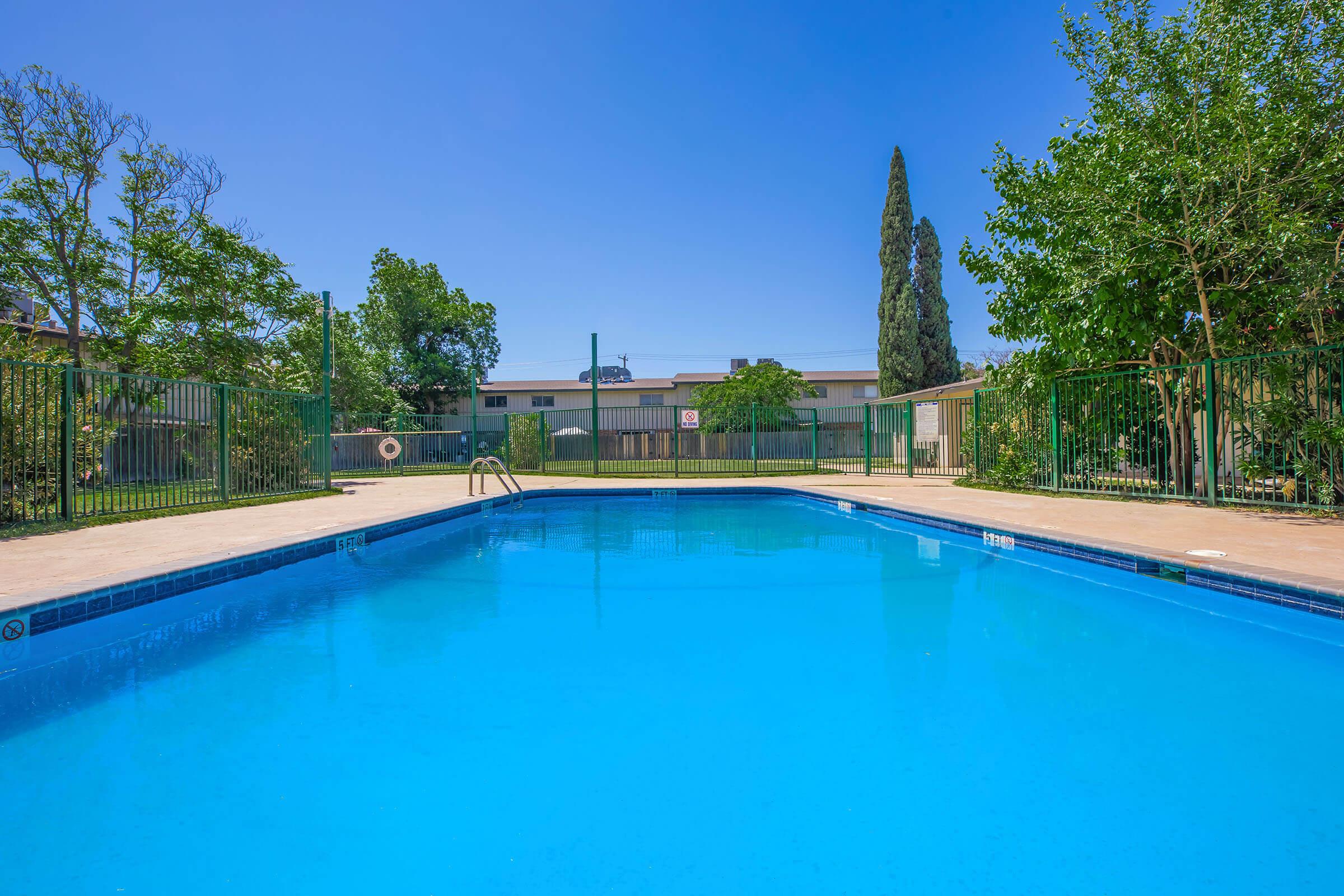 A clear blue swimming pool surrounded by a fenced area, with green trees and shrubs in the background under a bright blue sky. The pool features a ladder for access and is situated in a well-maintained outdoor space.