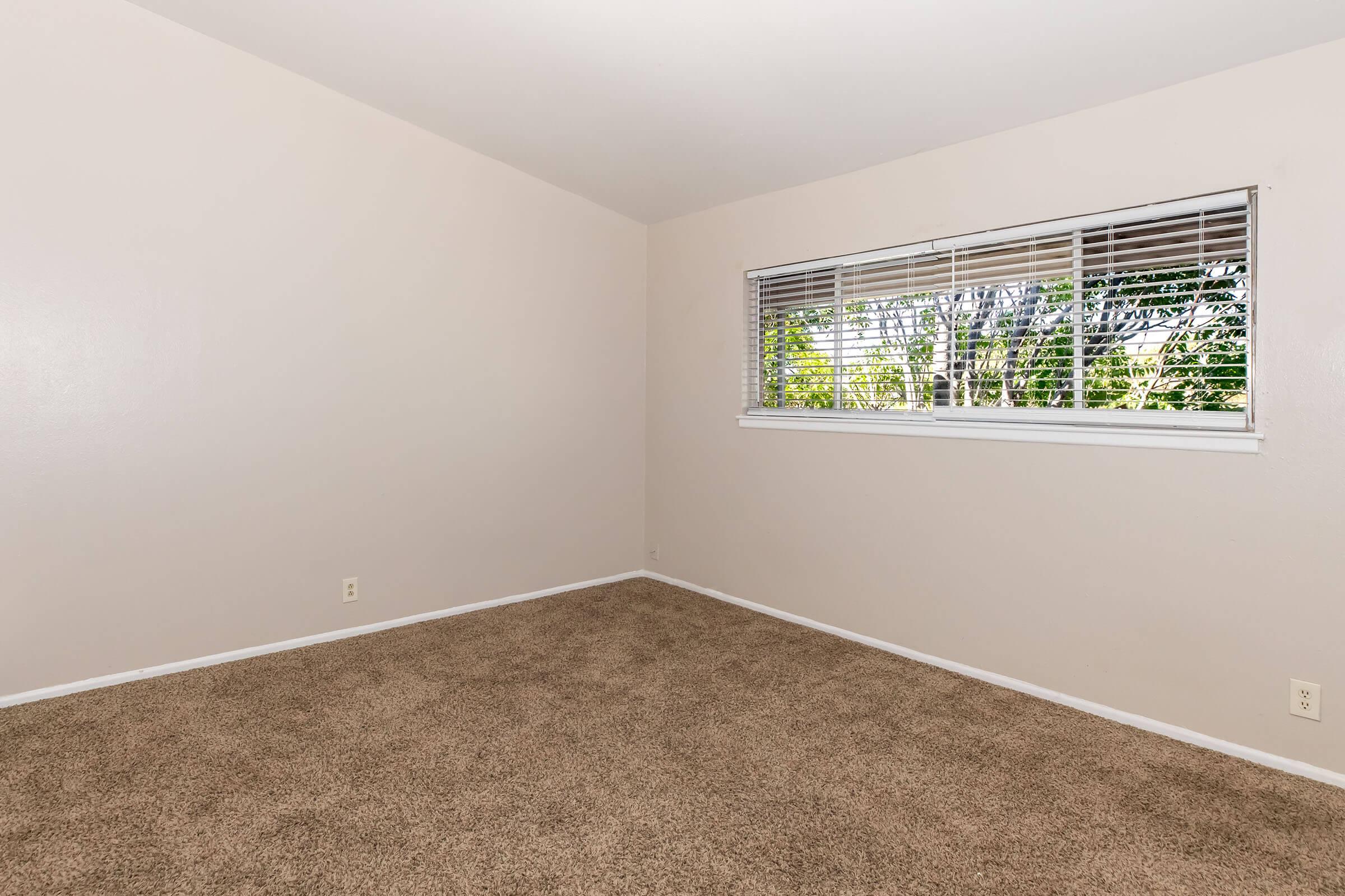 Empty room with light beige walls and a tan carpet. There is a window with white blinds, allowing natural light to enter. The room appears clean and spacious, with no furniture or decorations present, creating a minimalistic and inviting atmosphere.