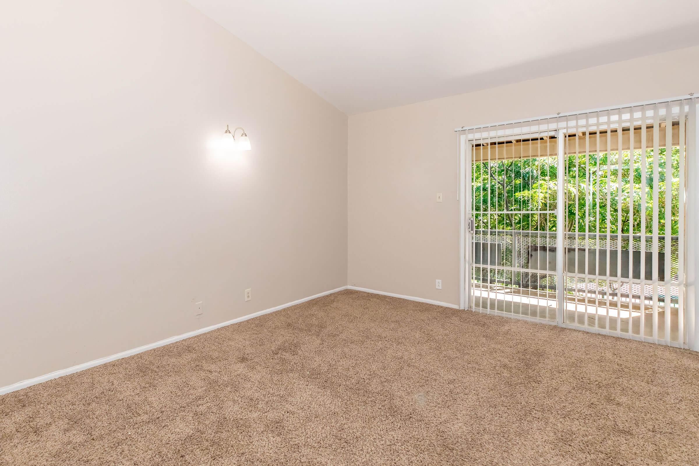 A spacious room with beige walls and light brown carpet. A sliding glass door with vertical blinds leads to an outdoor area, allowing natural light to enter. The room features a wall-mounted light fixture, enhancing the interior's brightness and inviting atmosphere.