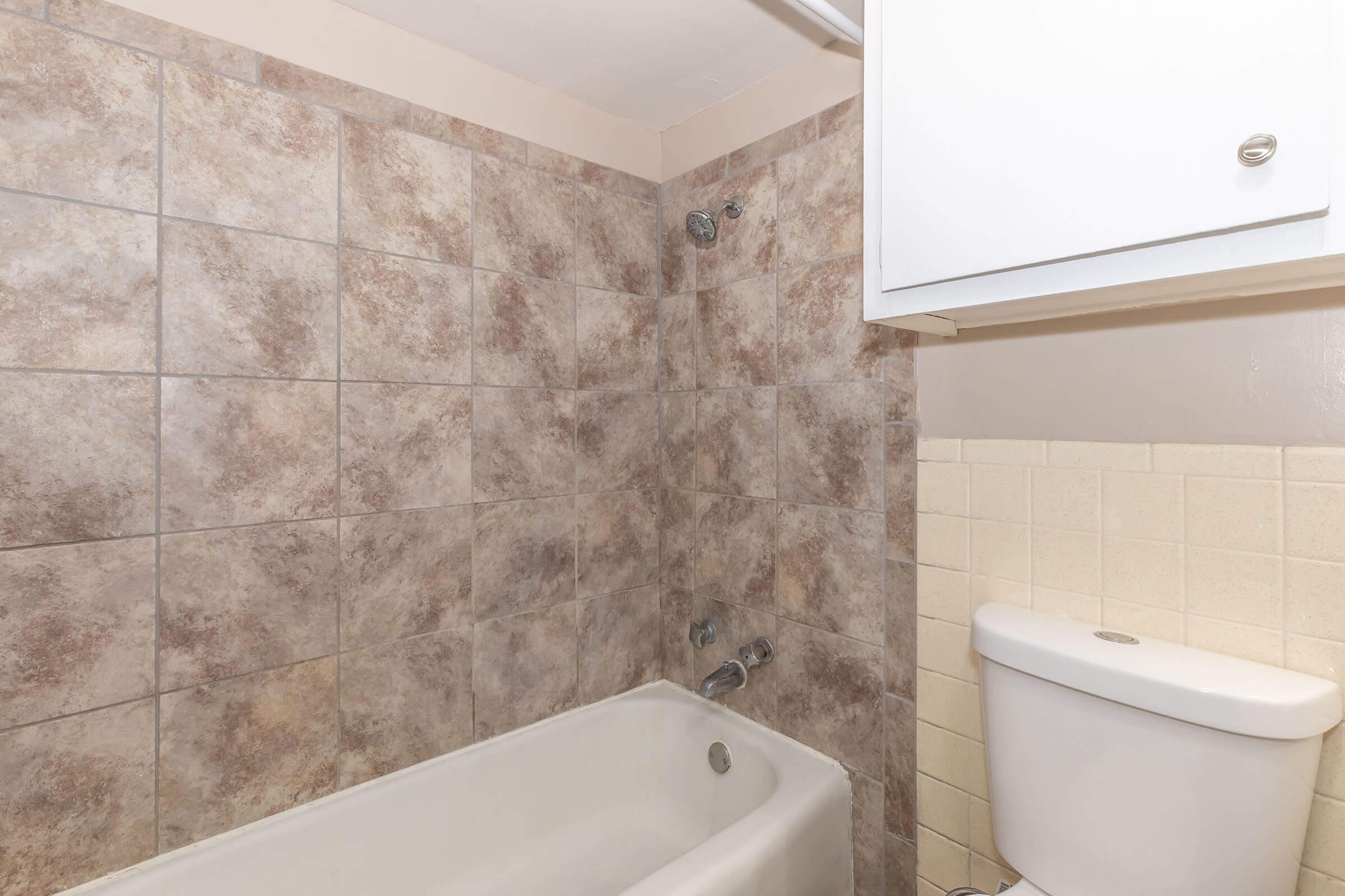 A bathroom featuring a tiled wall and a bathtub with a showerhead on one side. A white toilet is visible, and there is a small cabinet above the bathtub area. The color scheme includes earthy tones with a blend of beige and brown tiles.
