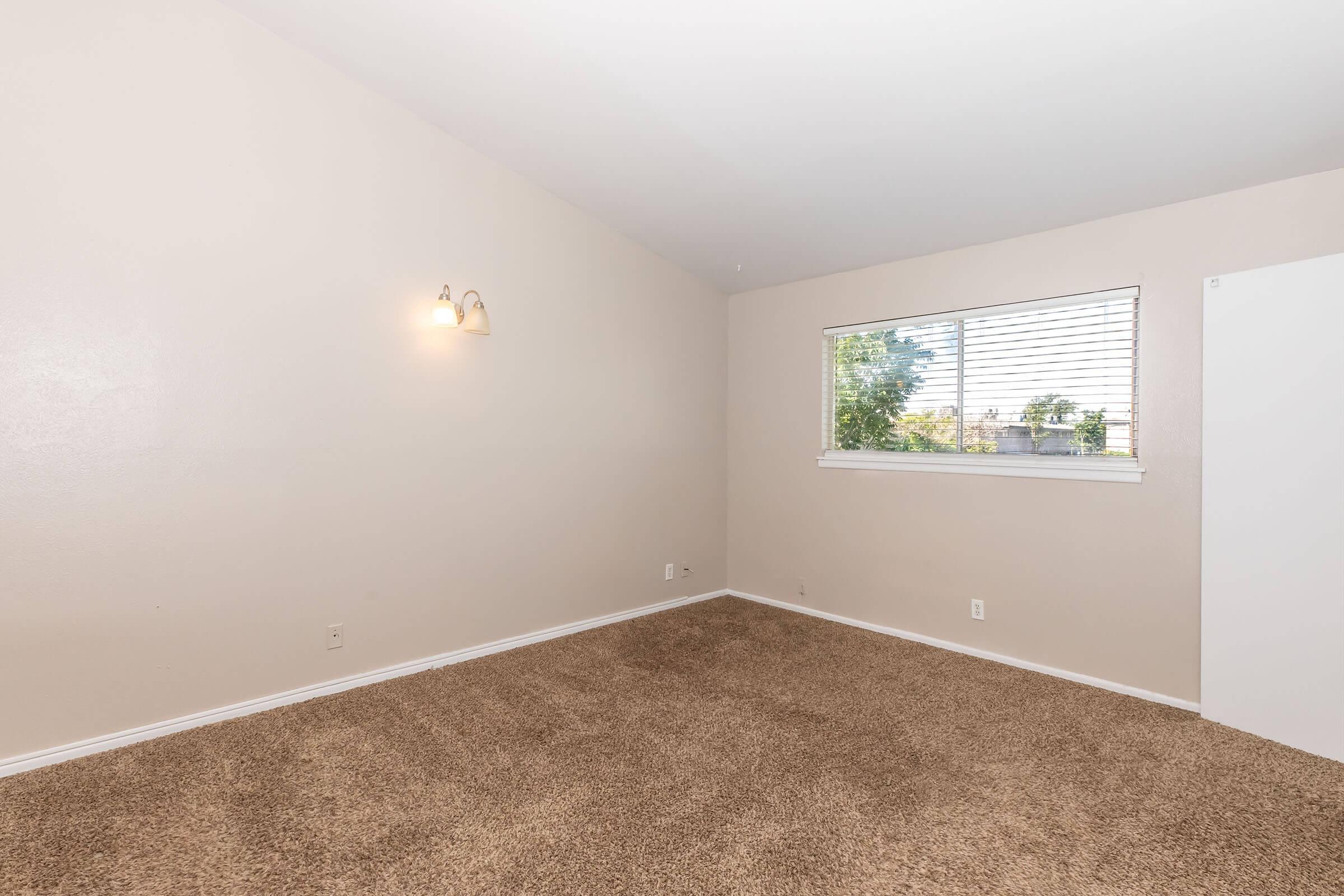 Empty room with light beige walls and carpeted flooring. A window with blinds lets in natural light, and there are two wall sconces for illumination. The space appears clean and well-maintained, with a closet door visible on the right side.
