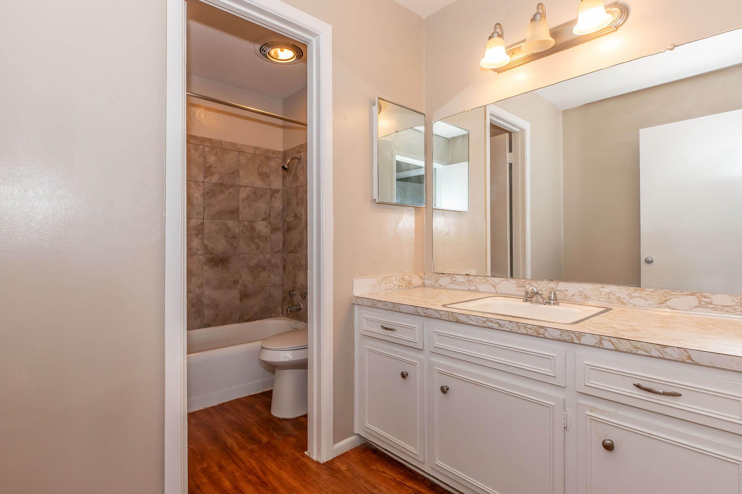 A clean, well-lit bathroom featuring a double vanity with a marble countertop, large mirror, and bright overhead lighting. On one side, there is a shower and bathtub, with tiled walls, while the other side has a door leading to a separate area. The floor is hardwood, adding warmth to the space.