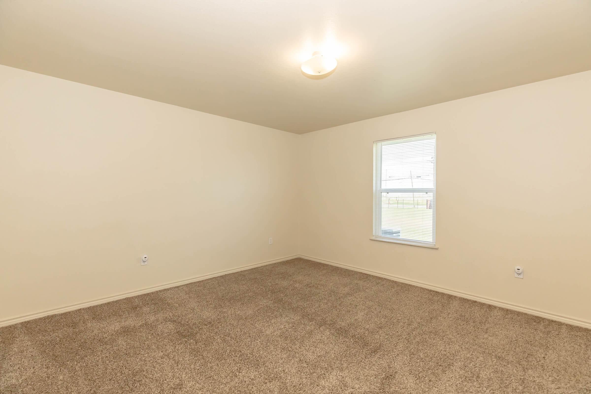 Empty room with beige walls and a light brown carpet. A single window on one wall allows natural light to enter, and a ceiling light fixture hangs in the center. The room has no furniture, creating a spacious and uncluttered appearance.