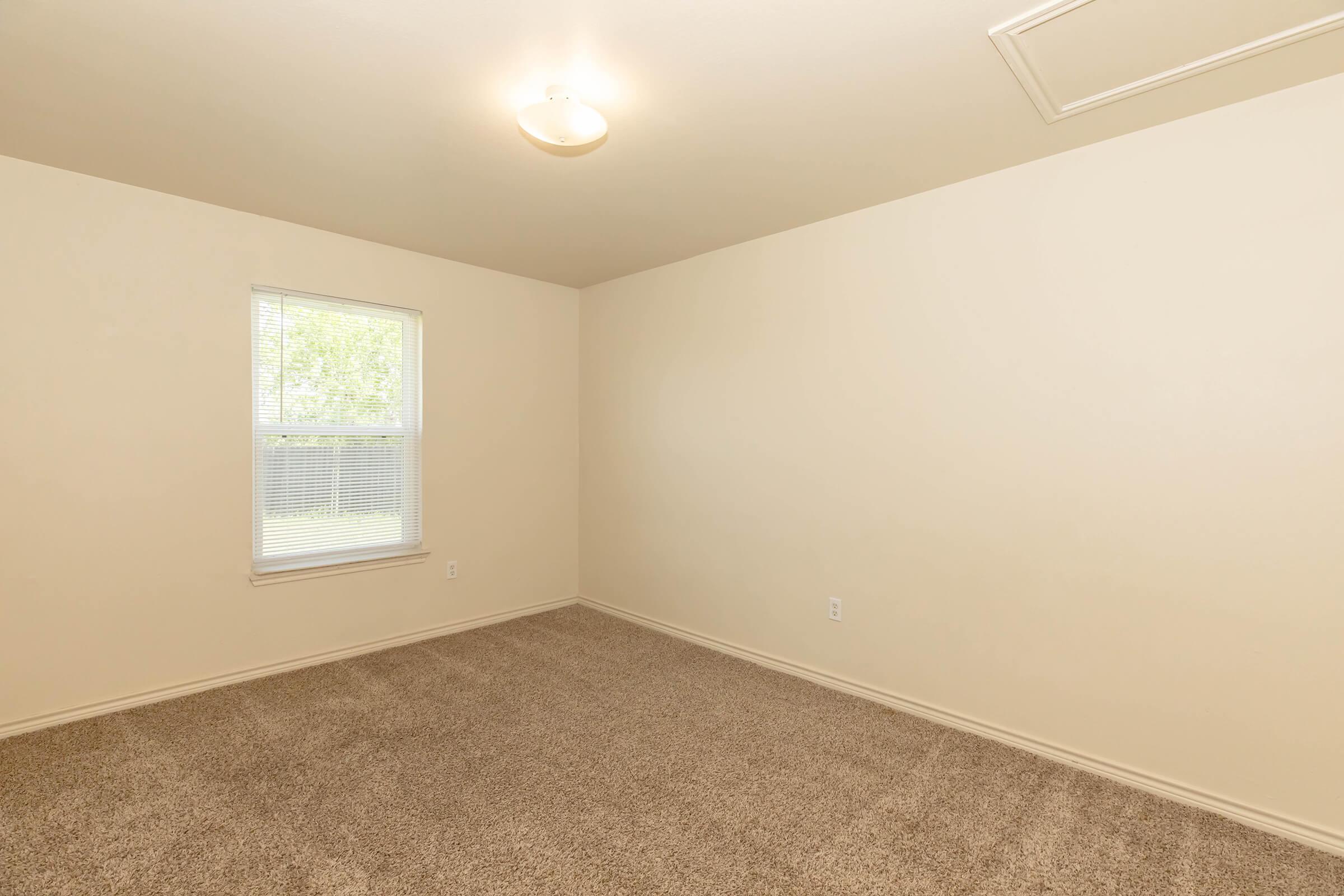Empty room with light beige walls and a soft carpeted floor. A single window provides natural light, and there is a ceiling light fixture. The room is unfurnished, creating a spacious and minimalistic feel.
