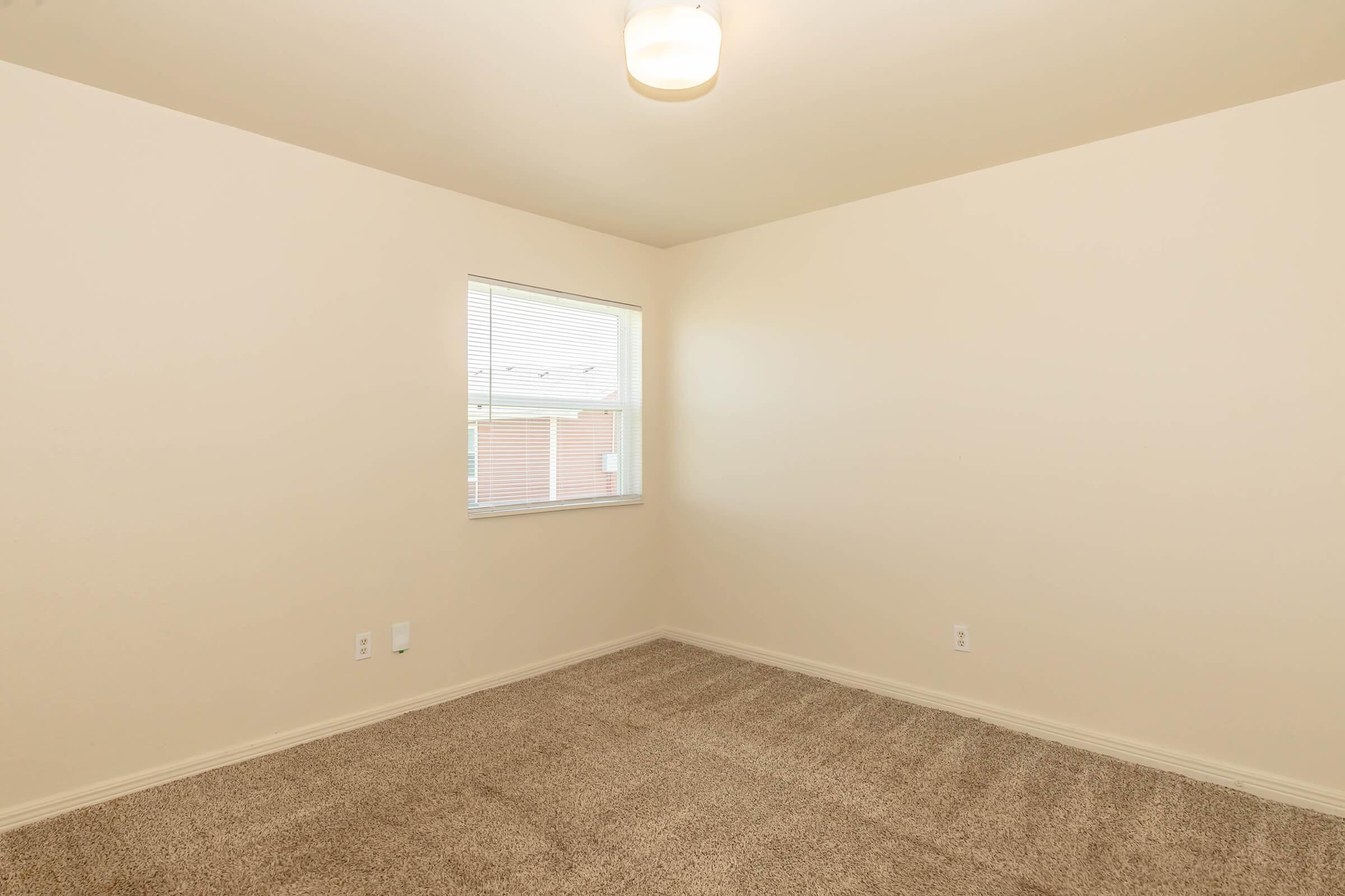 Empty room with light beige walls and soft, beige carpet. A single window allows natural light to enter, and a ceiling light fixture is visible. The space appears to be unfurnished and well-lit, creating a clean, open atmosphere.