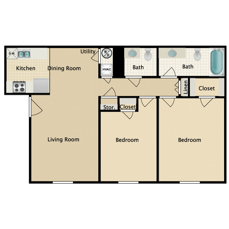 Floor plan image of 2 Bed 1.5 Bath