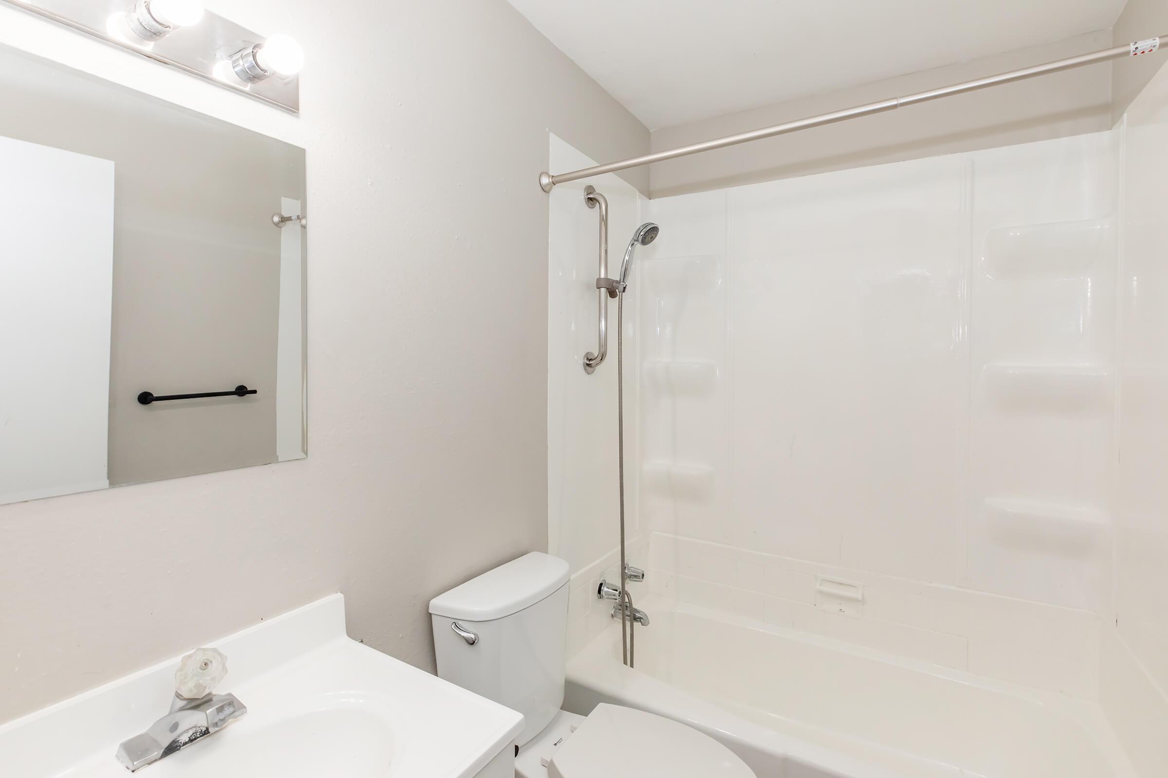 a shower that has a sink and a mirror