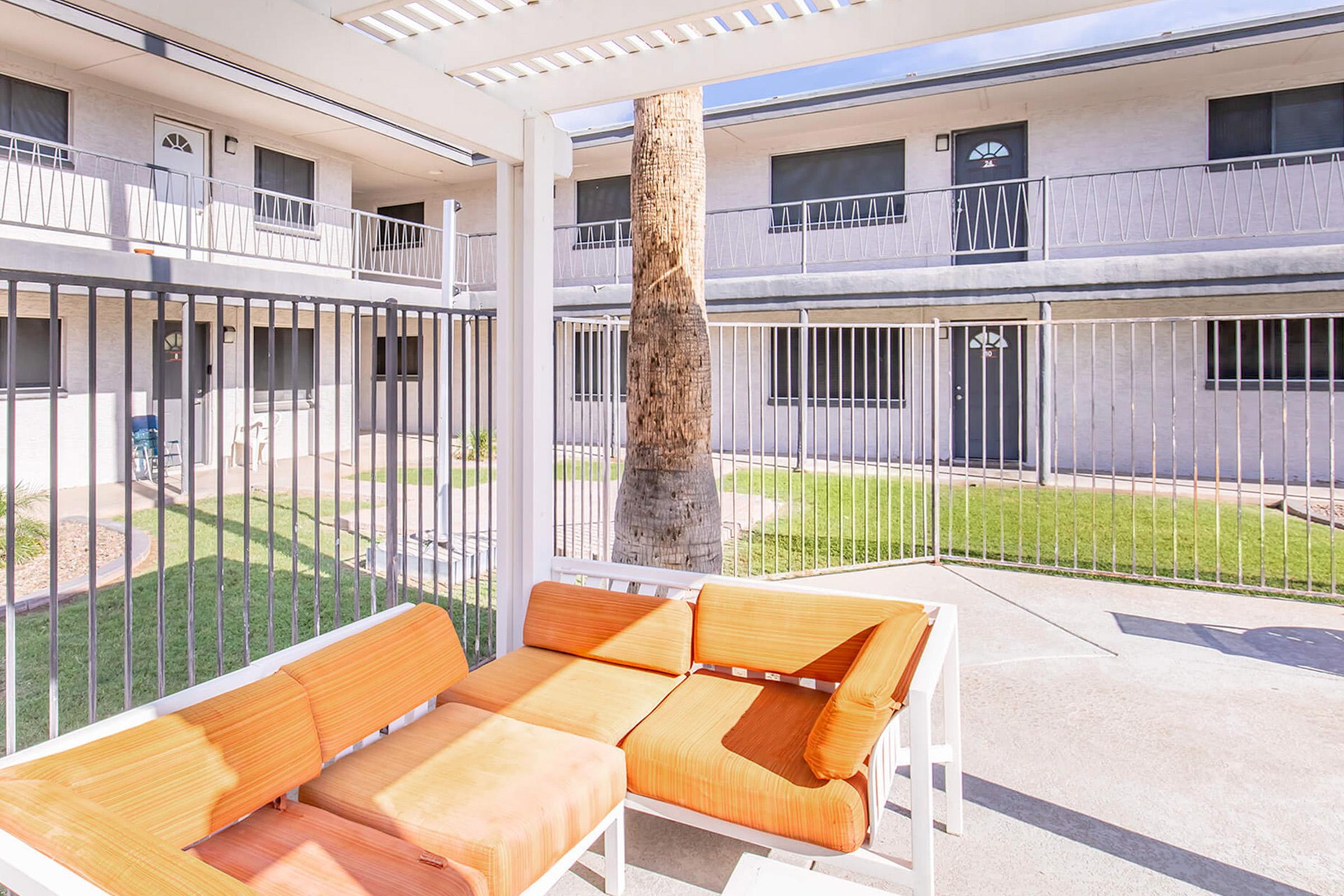 A patio area with an orange cushioned sofa featuring a palm tree nearby. In the background, there are buildings with multiple windows and a fenced grassy area, creating a relaxed outdoor space.