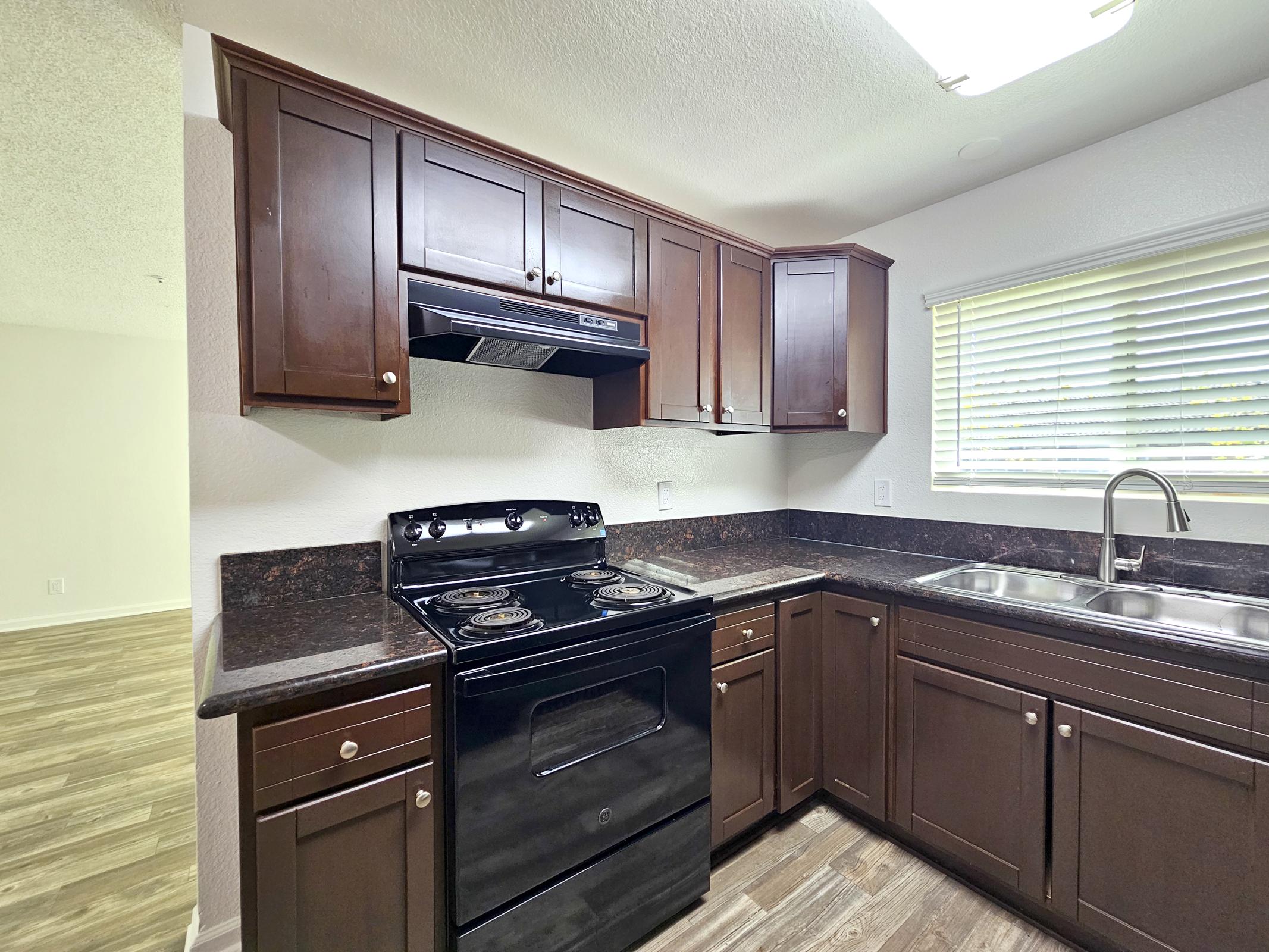Modern kitchen featuring dark wood cabinetry, a black stove and vent hood, and a stainless steel sink. The countertops are dark with a slight texture, and a window provides natural light. The flooring is a light wood laminate, contributing to a contemporary aesthetic.