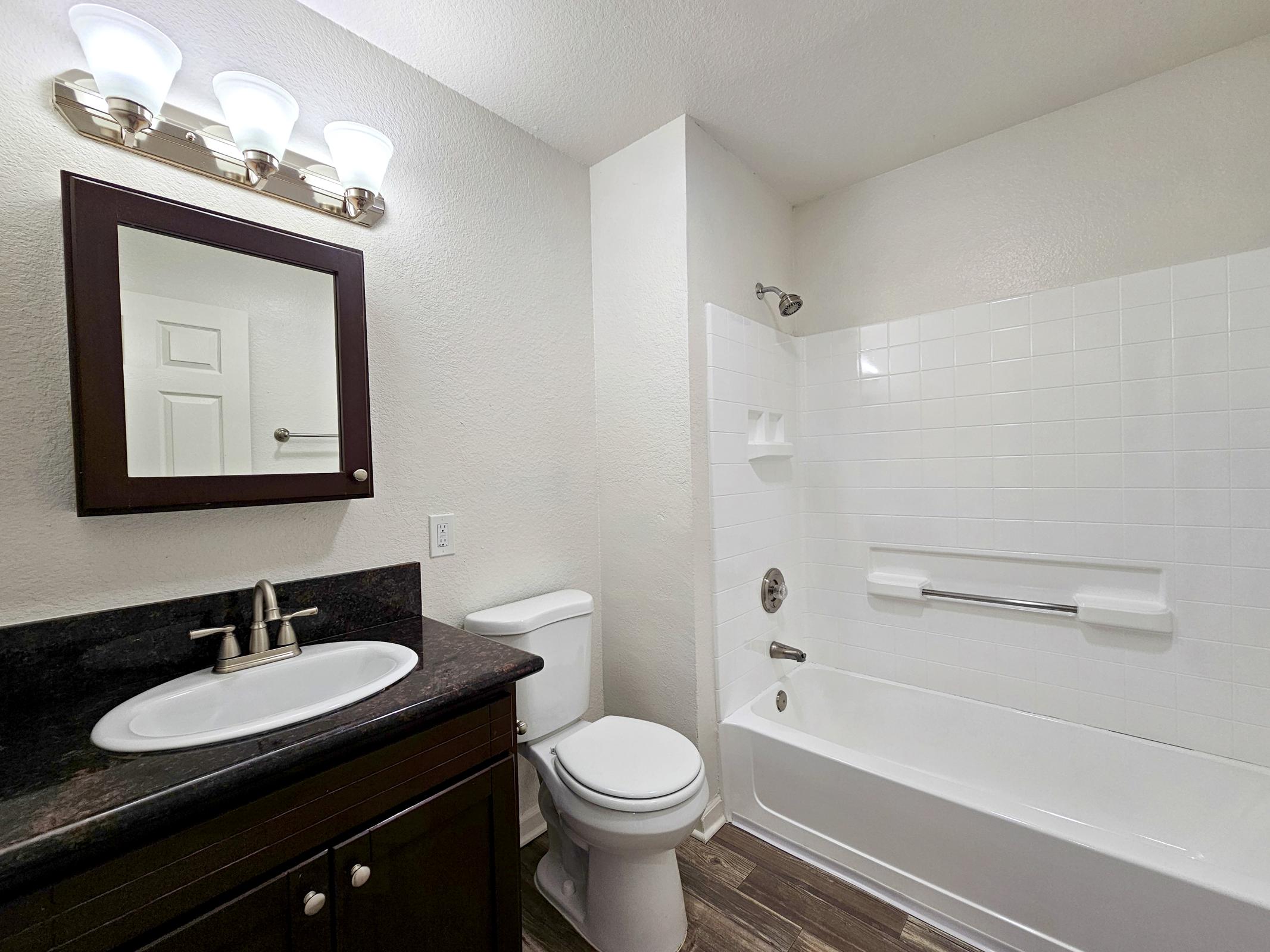 A clean and modern bathroom featuring a white bathtub with a shower, a sleek dark wood vanity with a sink, a large mirror above the sink, and a toilet. The walls are painted a light color, and there is a set of three globed light fixtures above the mirror, providing ample lighting.