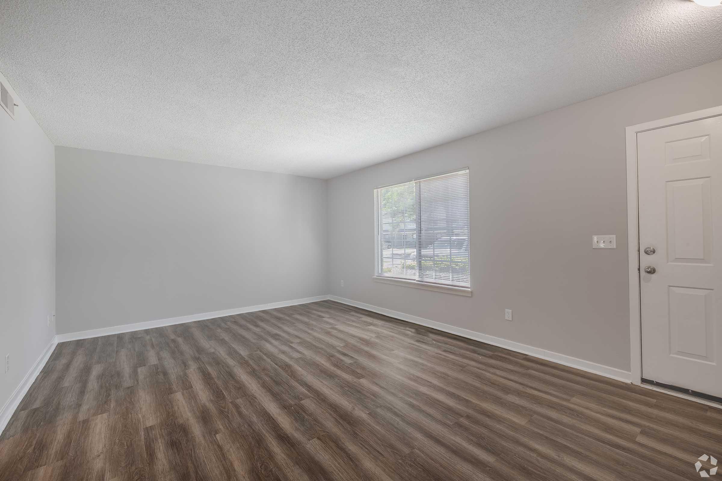 A spacious, empty living room with light gray walls and a large window allowing natural light. The floor features wood-like laminate, and there's a door leading outside. The overall atmosphere is bright and inviting, perfect for personal decoration.