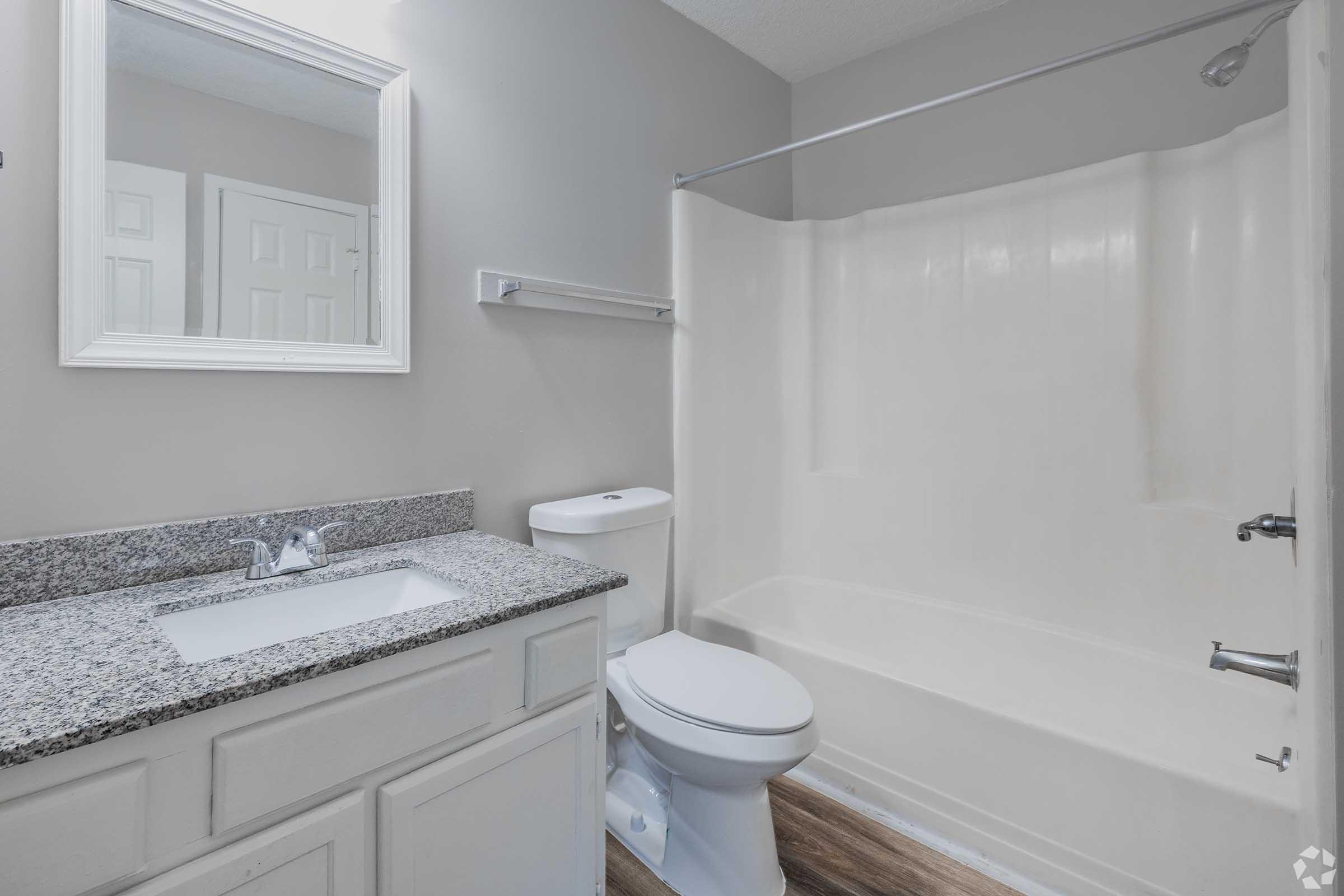 A modern bathroom featuring a white bathtub, a granite countertop sink with a mirror above, and a toilet. The walls are painted in a light gray color, and there is a towel bar mounted on the wall. The flooring appears to be a wood or wood-like material, contributing to a clean and contemporary aesthetic.