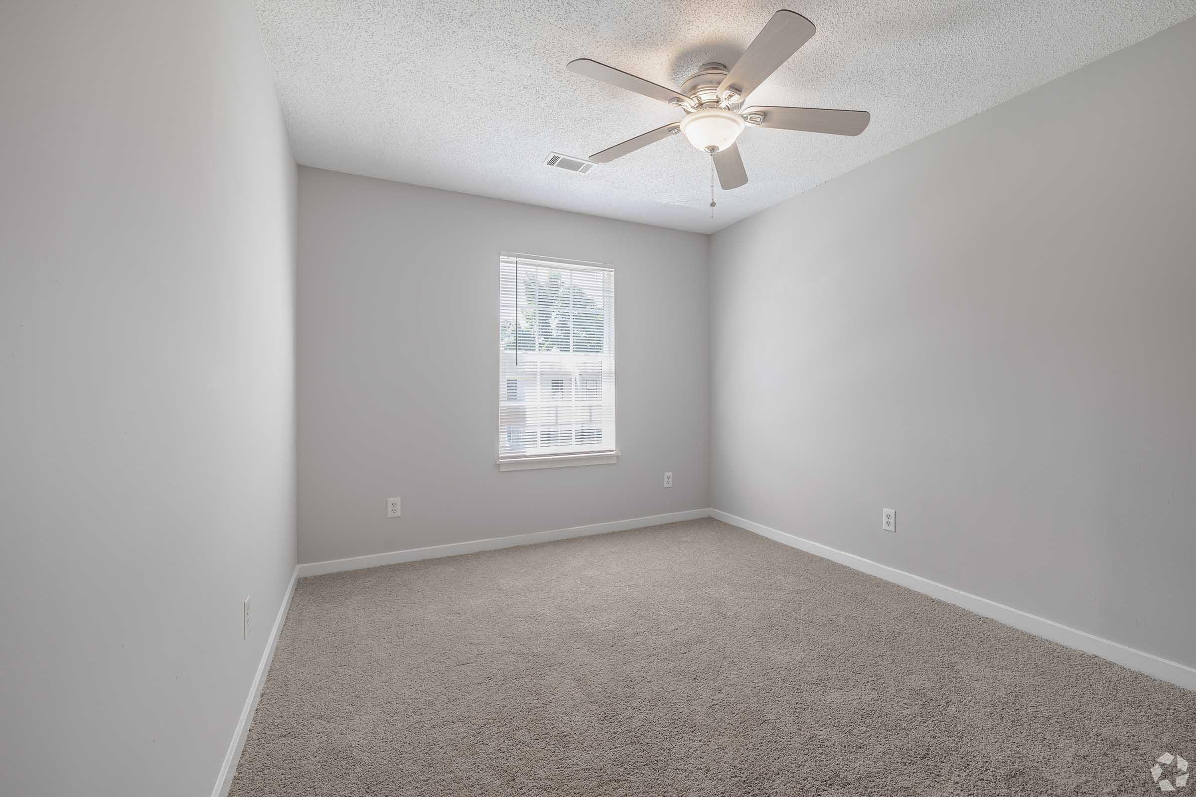 Empty room with light gray walls and carpet. A ceiling fan with five blades is mounted in the center, and there is a window on one wall allowing natural light to enter. The space is uncluttered and ready for furniture placement.