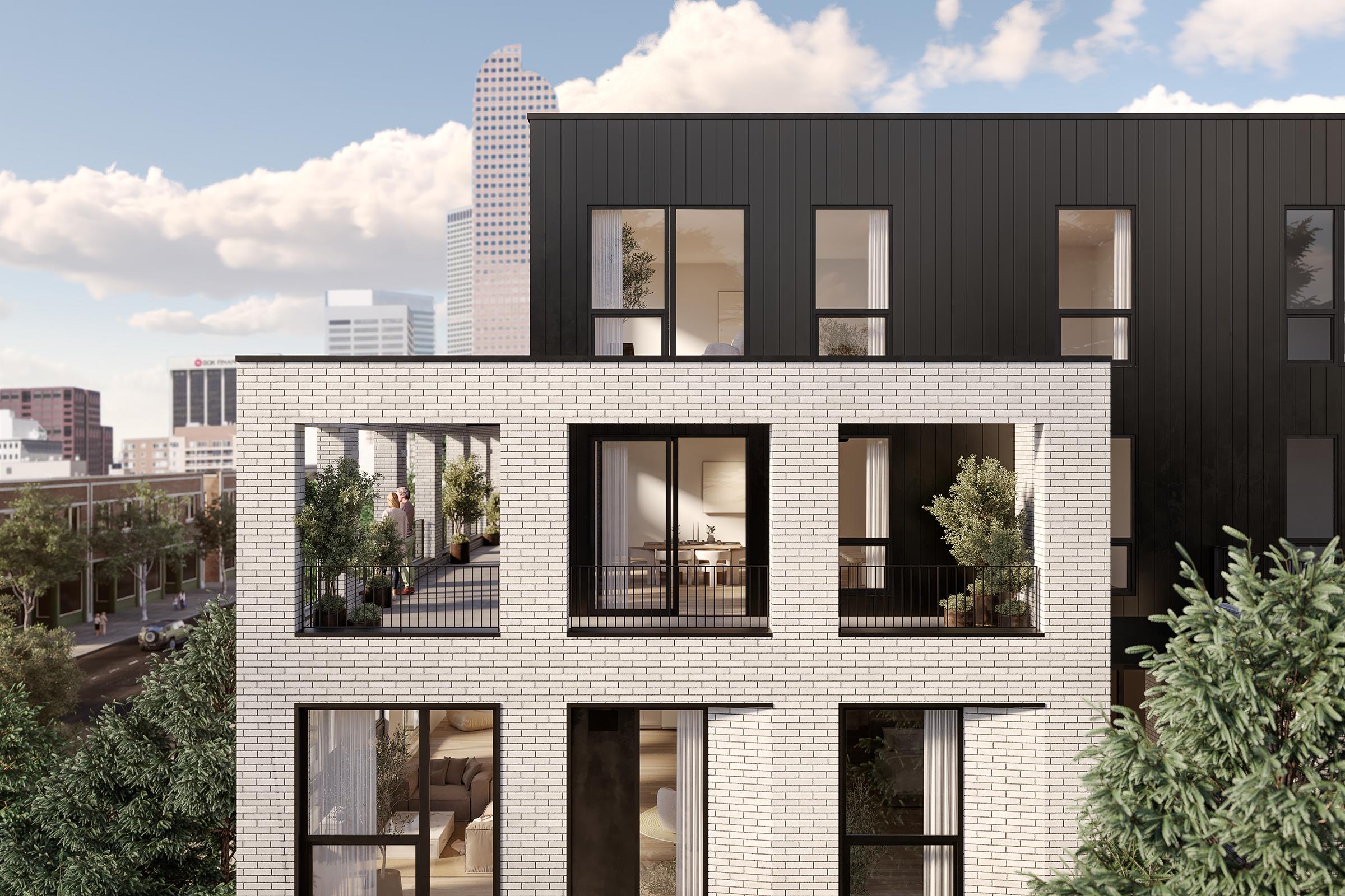 A modern architectural rendering featuring two buildings: one is sleek and black, while the other has a white brick facade. The buildings include large windows with greenery and balconies, set against a cityscape with skyscrapers and a bright blue sky scattered with clouds.