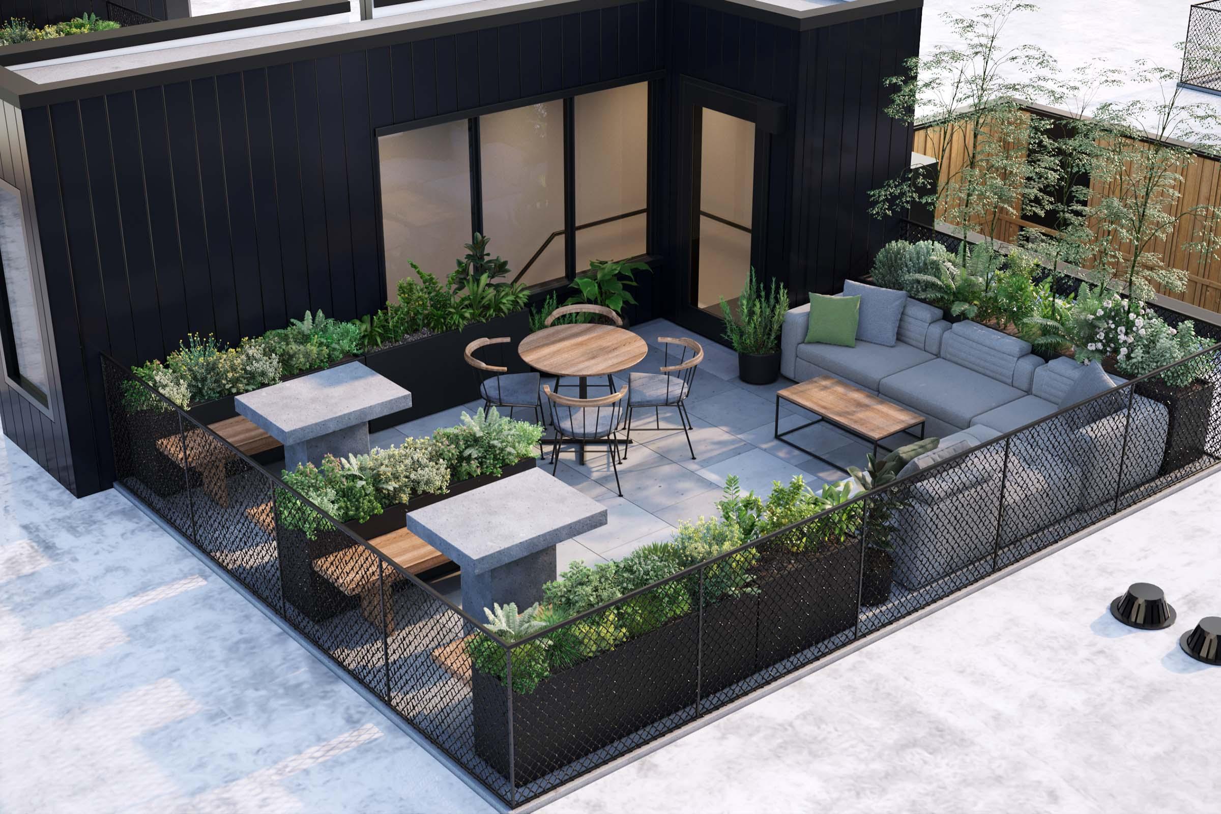 A modern outdoor terrace featuring a cozy sectional sofa, a circular table with chairs, and two stone tables surrounded by lush greenery. The space is enclosed by a black fence and has a sleek, contemporary design with a neutral color palette, ideal for relaxation and social gatherings.