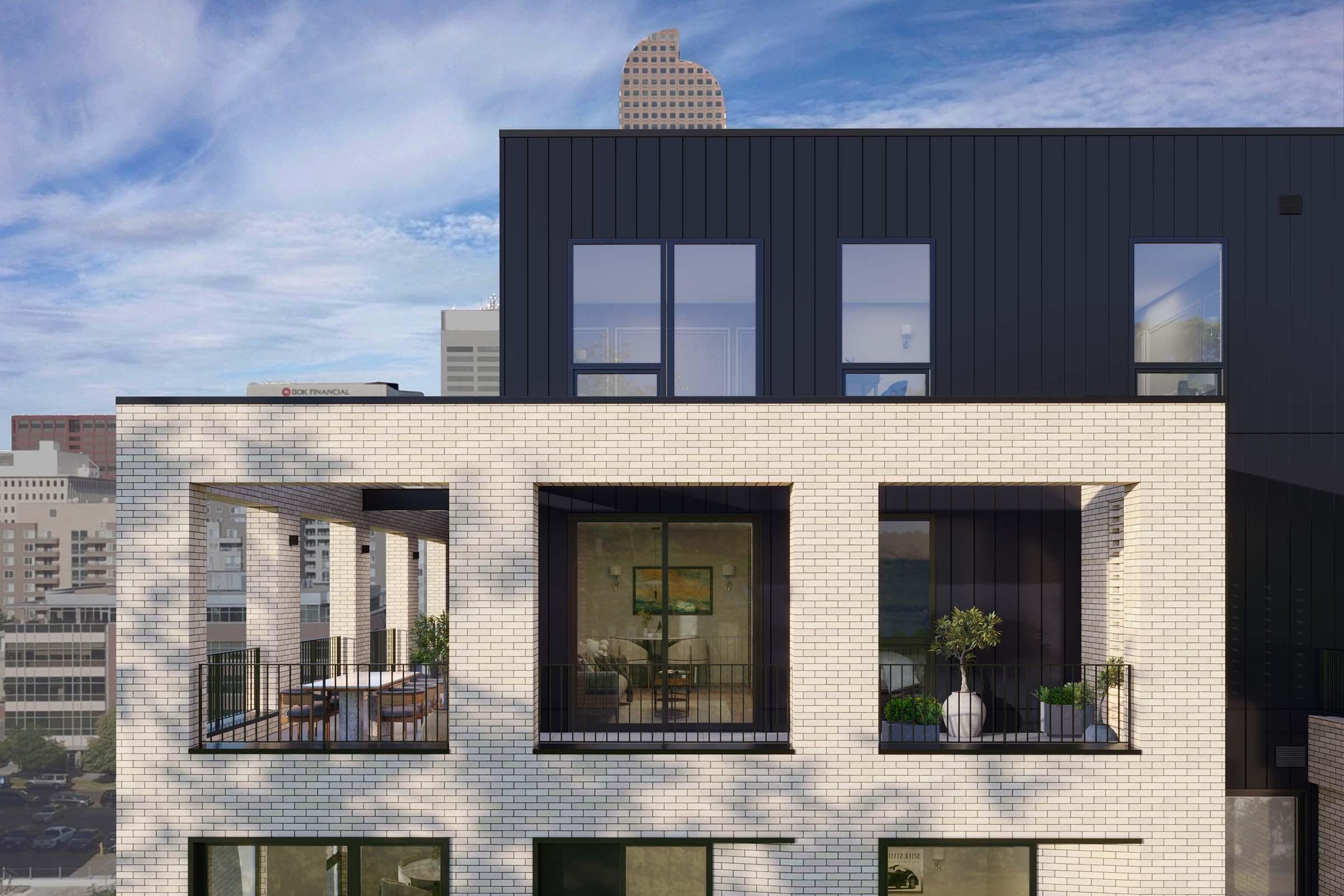 Modern architectural design featuring a mix of brick and sleek black exterior elements. The building has several large windows and balconies adorned with plants, set against a backdrop of a city skyline under a partly cloudy sky.