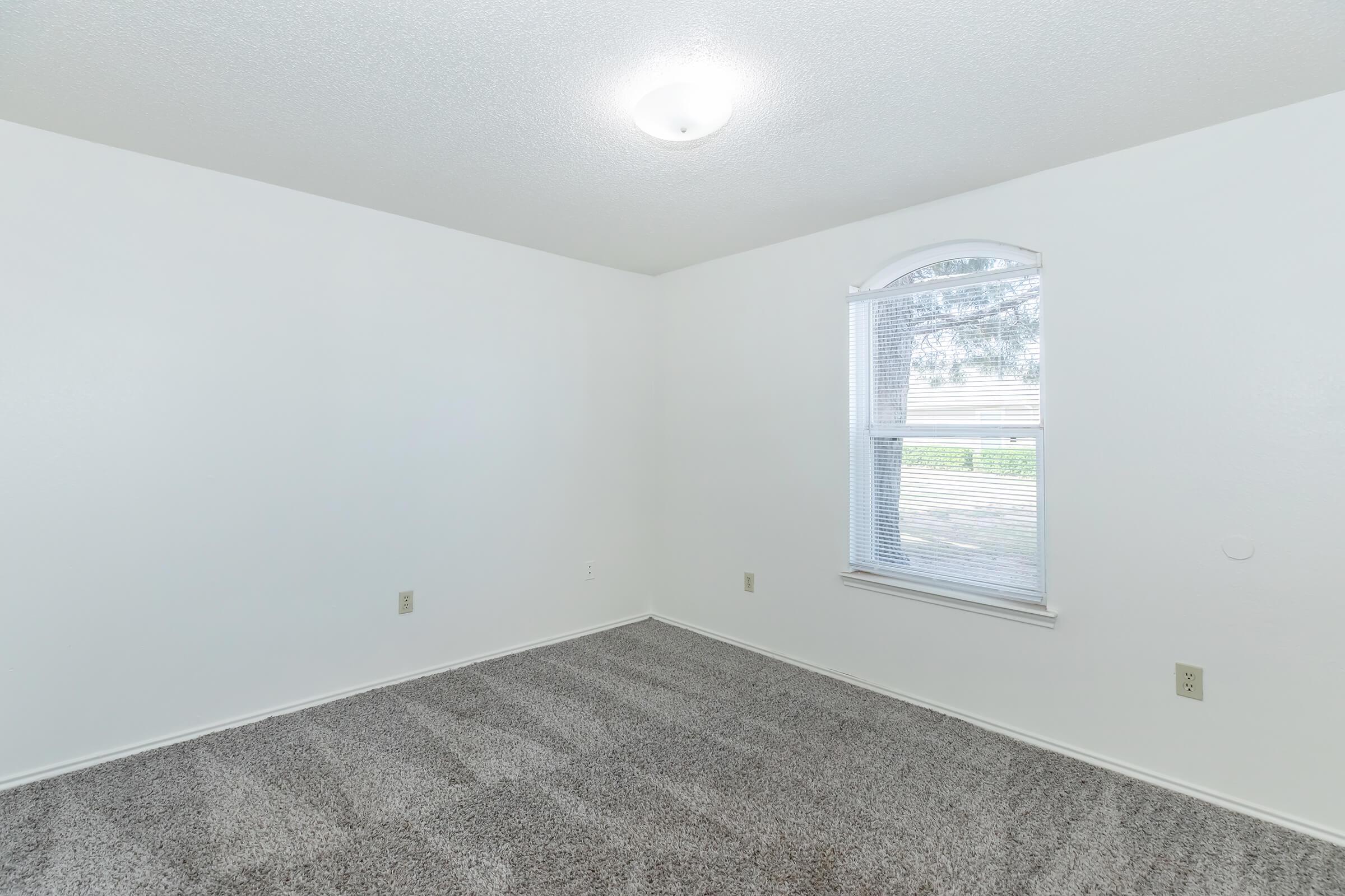 Empty room with light gray carpet and white walls. A window with blinds allows natural light, and there is a ceiling light fixture. The space is unfurnished, creating a bright and spacious atmosphere.