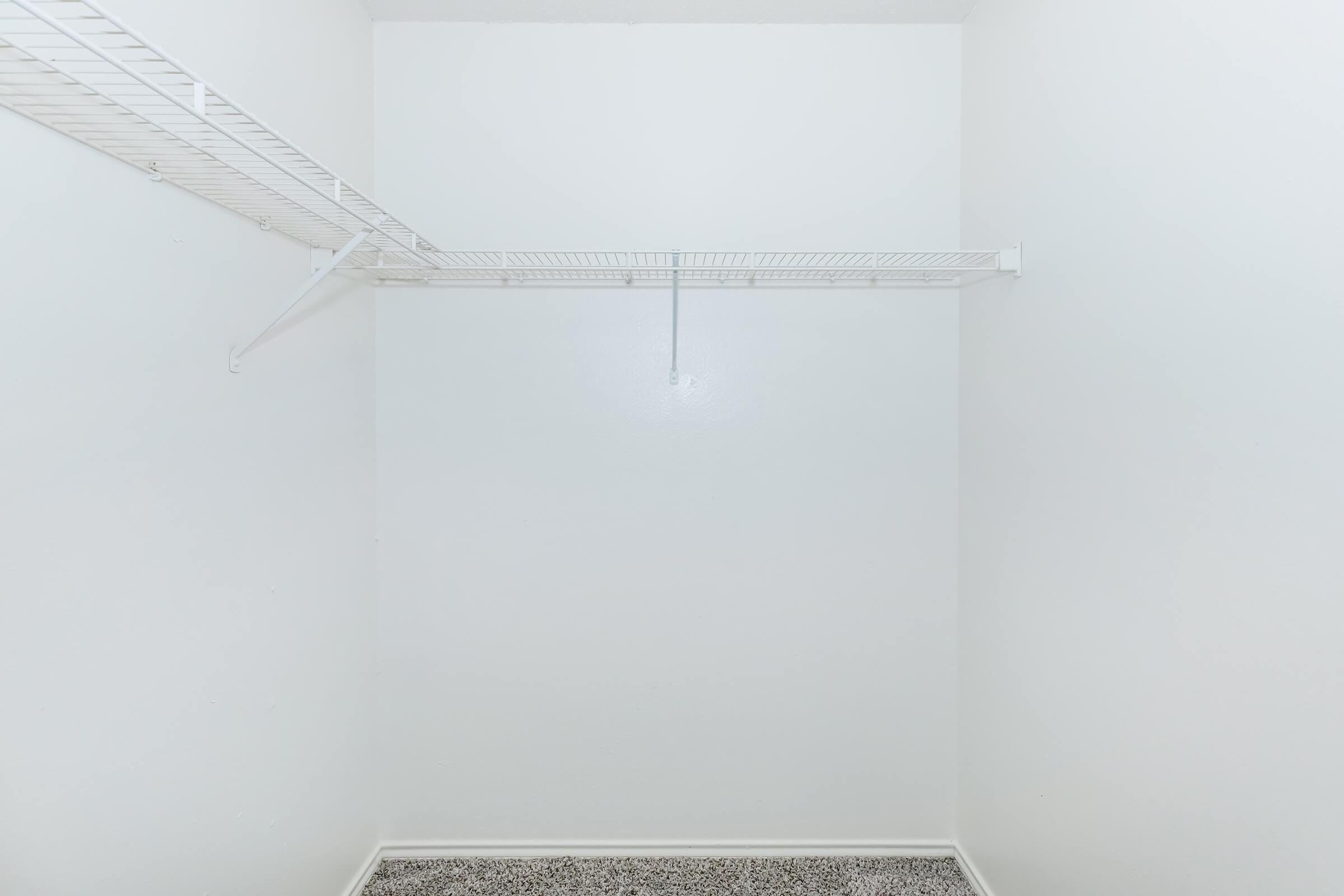 Empty white closet with a wire shelf along the back wall. The floor is carpeted in a neutral color, and the walls and ceiling are plain white, creating a minimalist look. The space appears clean and organized, ideal for storage.