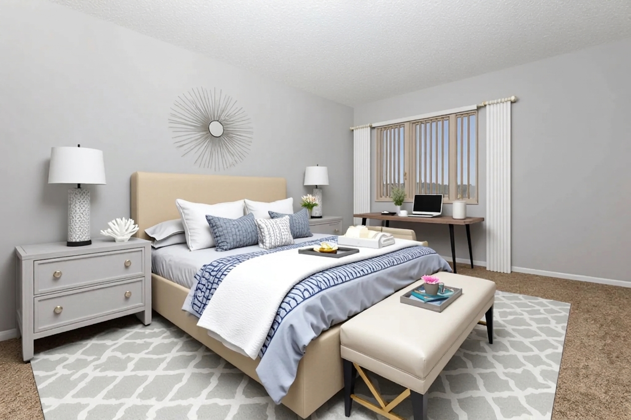 A modern bedroom featuring a beige upholstered bed with decorative pillows, a gray nightstand with lamps, and a stylish rug. A window lets in natural light, and a small desk with a laptop is visible. The decor includes a wall mirror and a decorative bench at the foot of the bed.