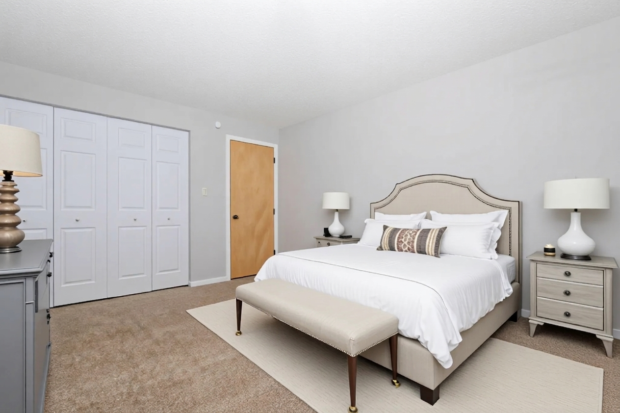 A spacious, modern bedroom featuring a plush king-sized bed with decorative pillows, a beige upholstered bench at the foot, and two bedside tables with lamps. Light gray walls and carpet create a neutral ambiance, while built-in closets and a wooden door add functionality. Natural light brightens the space.