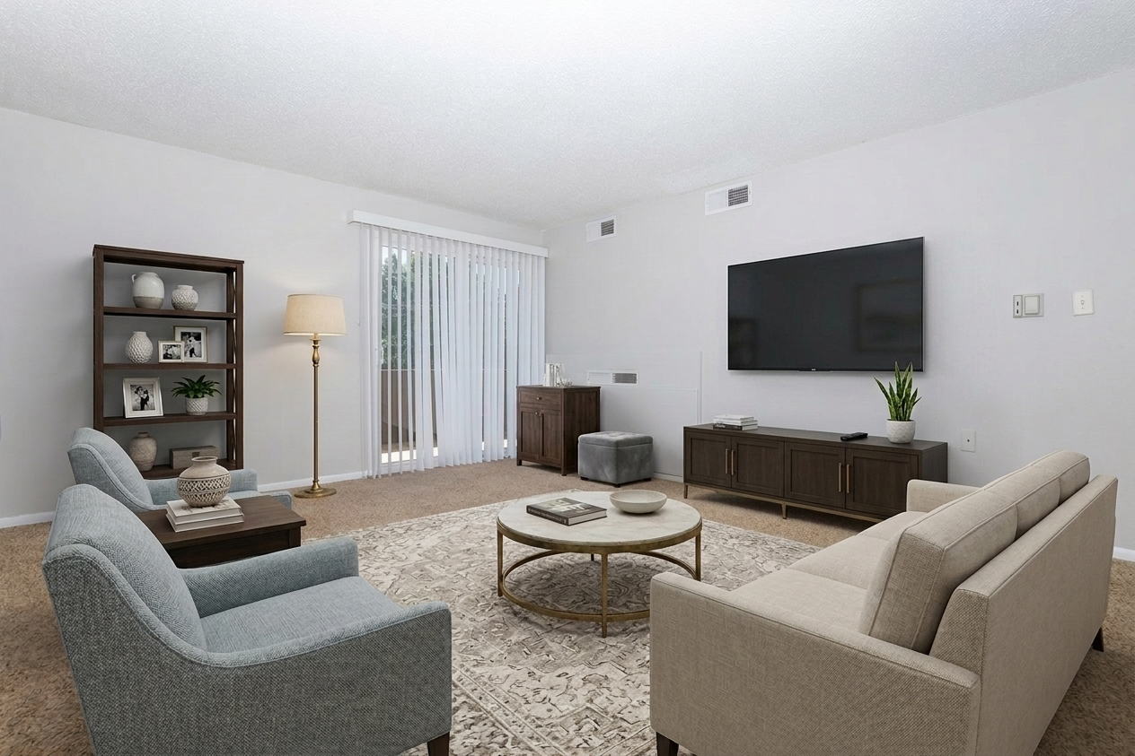A modern living room featuring a neutral color palette. It includes a light beige sofa and a blue-gray armchair, a round coffee table, a TV mounted on the wall, and a dark wooden shelf with decorative items. Large windows with sheer curtains allow natural light to fill the space.