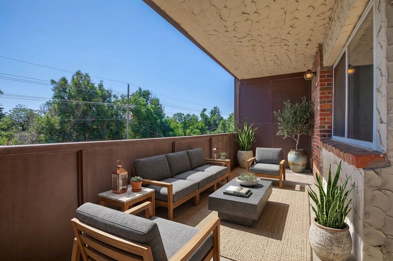 A stylish outdoor balcony featuring gray upholstered seating, a coffee table, and potted plants. The space is illuminated by natural sunlight, surrounded by greenery. The walls have a textured finish, and there are decorative items like lanterns and vases, creating a relaxing atmosphere.