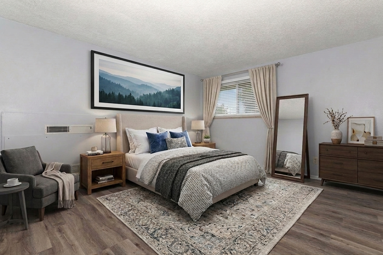 A cozy and modern bedroom featuring a queen-sized bed with blue and gray bedding. There are two nightstands with lamps on either side, a large mirror, a wooden dresser, and a comfortable armchair. A landscape painting hangs above the bed, and a decorative rug is placed on the hardwood floor. Natural light enters through a window with curtains.