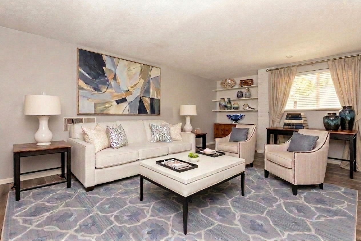 A modern living room featuring a light-colored sofa with decorative pillows, two stylish armchairs, and a coffee table. The room has a large abstract painting on the wall, built-in shelves with decorative vases, and a window with flowing curtains, all set on a patterned area rug.