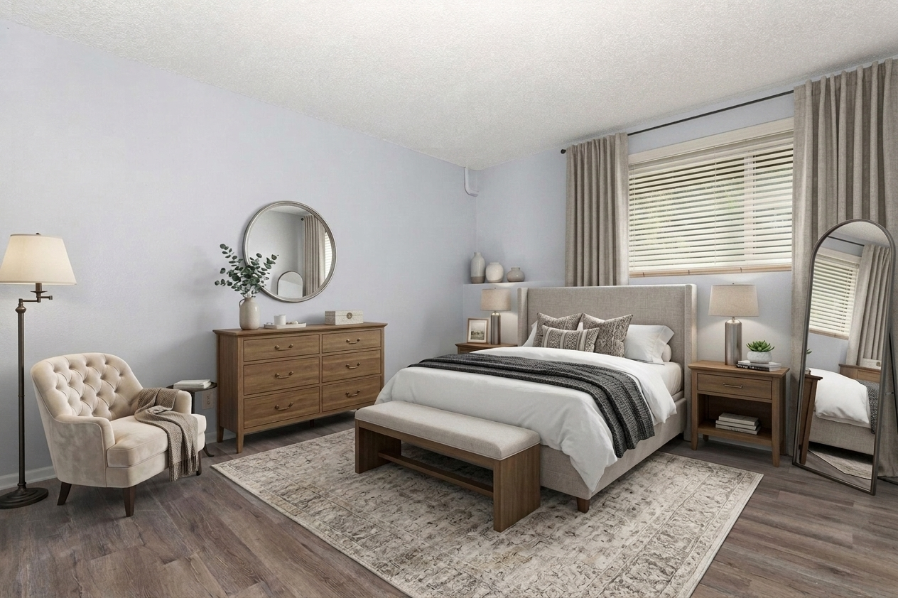 A modern bedroom featuring a light blue wall, a queen-sized bed with a stylish headboard, a wooden bench at the foot of the bed, and a bedside table with a lamp. There's a cozy armchair, a dresser, a full-length mirror, and curtains, creating a warm and inviting atmosphere.