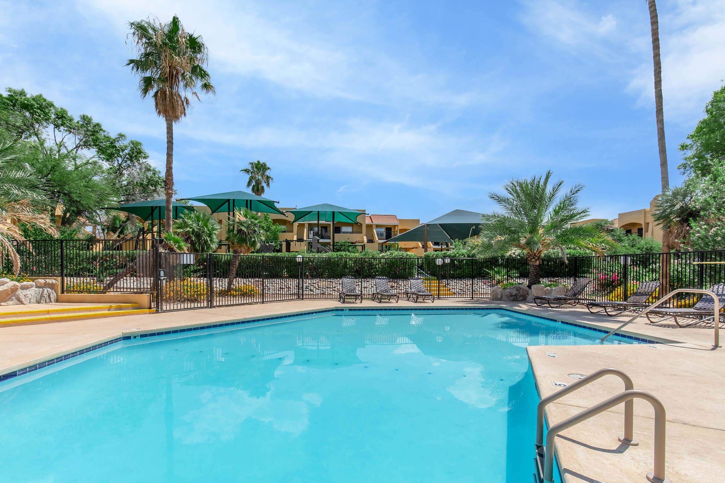 A serene swimming pool surrounded by tropical greenery, palm trees, and shaded lounge areas. The clear blue water reflects the sky, and there are chaise lounges positioned nearby. In the background, colorful flowers and buildings contribute to a relaxing resort-like atmosphere.