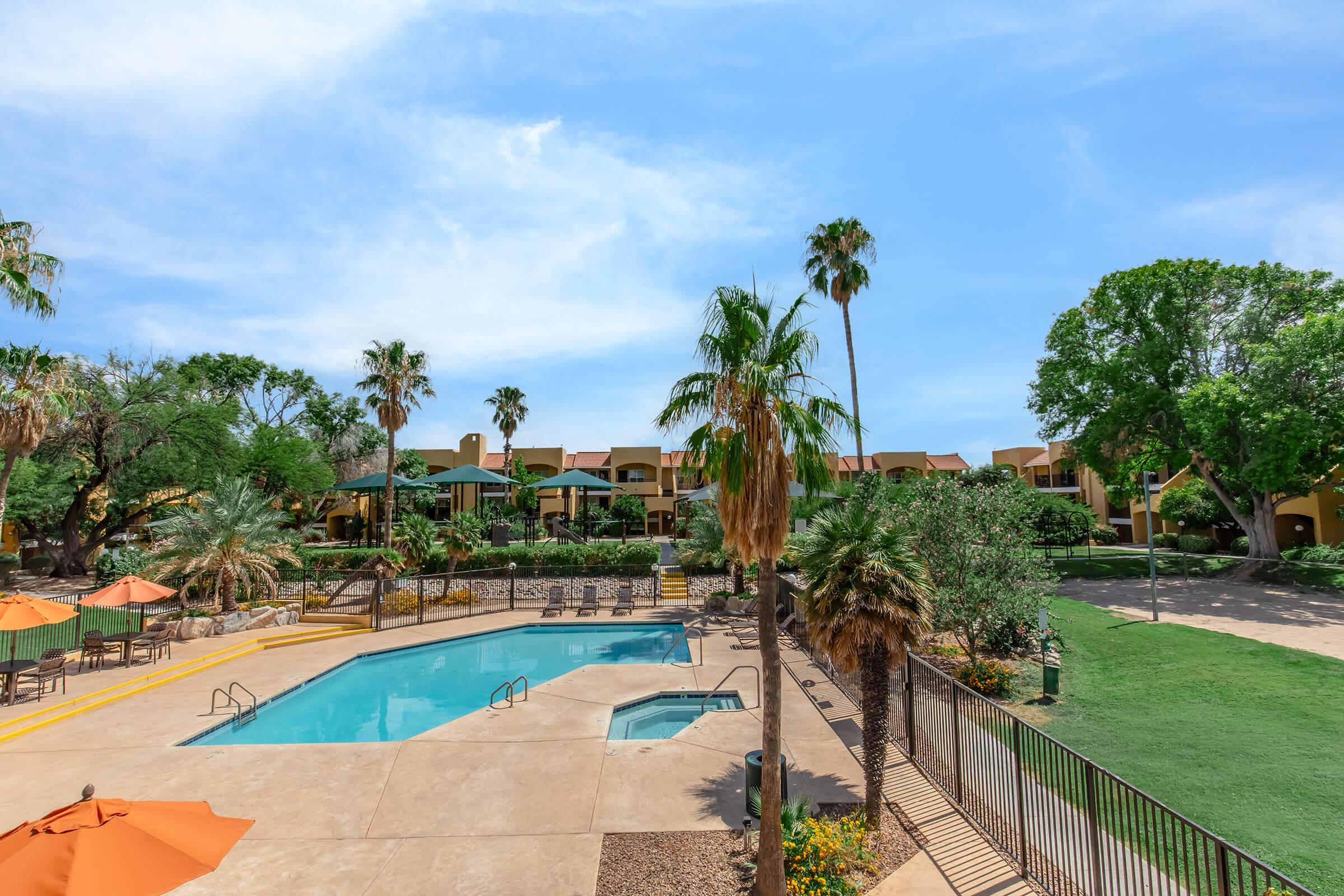 A sunny landscape featuring a serene swimming pool surrounded by palm trees and lounge chairs. In the background, there are landscaped gardens and multi-story buildings with a clear blue sky. The scene conveys a relaxing resort atmosphere.