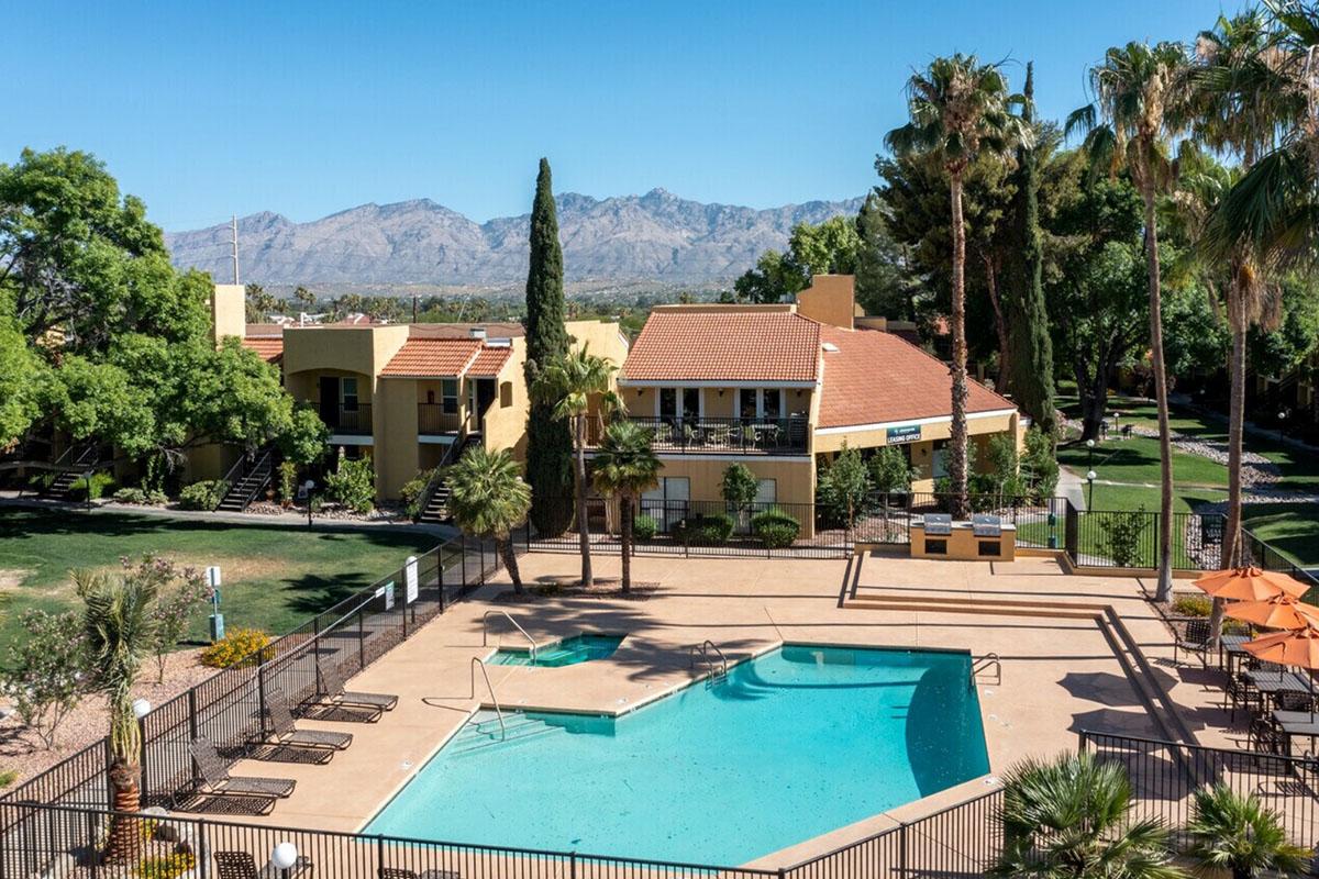 A view of a swimming pool surrounded by palm trees and landscaped gardens, with a two-story building in the background. The scene is framed by mountains in the distance under a clear blue sky. Sun loungers are placed by the pool, offering a relaxing atmosphere.