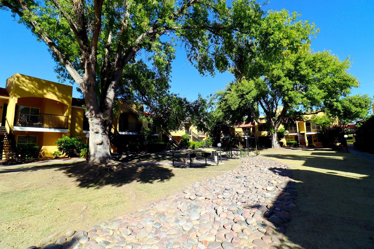 A view of a residential area featuring yellow-painted buildings surrounded by lush green trees. A pathway made of smooth stones leads through the grass, and there are outdoor seating areas and playgrounds visible in the distance under a clear blue sky.