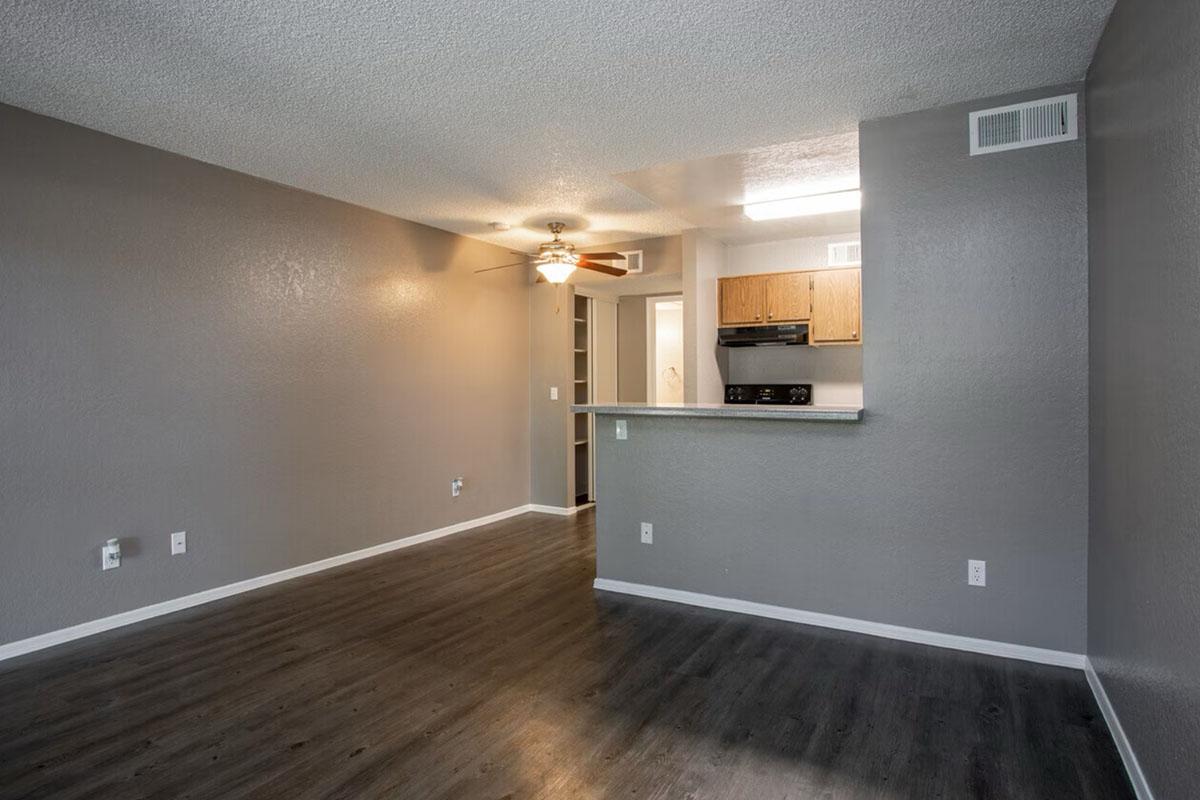 A spacious, modern apartment interior featuring gray walls, a ceiling fan, and dark wood-style flooring. The area includes a kitchen with wooden cabinetry visible in the background. Natural light is present, creating a bright and inviting atmosphere.