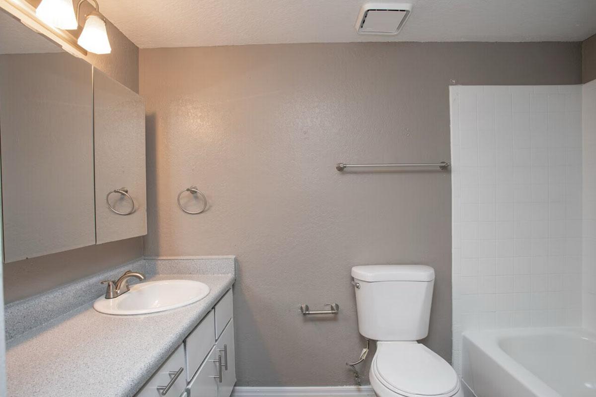 A clean, modern bathroom featuring a white sink with a countertop, a toilet, and a shower/tub combination. The walls are painted light gray, and there are three mirrored cabinets above the sink. Two wall-mounted towel rings are installed next to the sink and tub area.