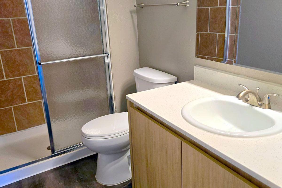 A clean and modern bathroom featuring a shower with a glass door, a toilet, and a sink mounted on a light wood vanity. The walls are painted in a neutral color, and the flooring has a dark wood finish. The overall design is simple and functional.