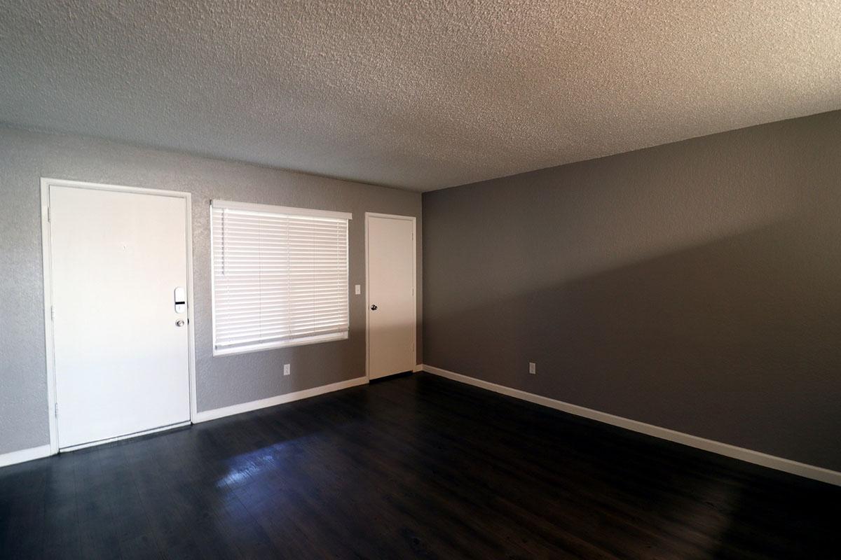 A vacant room with light gray walls and dark wood flooring. There is a closed door on the left, a window with white blinds in the middle, and another closed door on the right. The room has a bright, open feel with natural light filtering in.