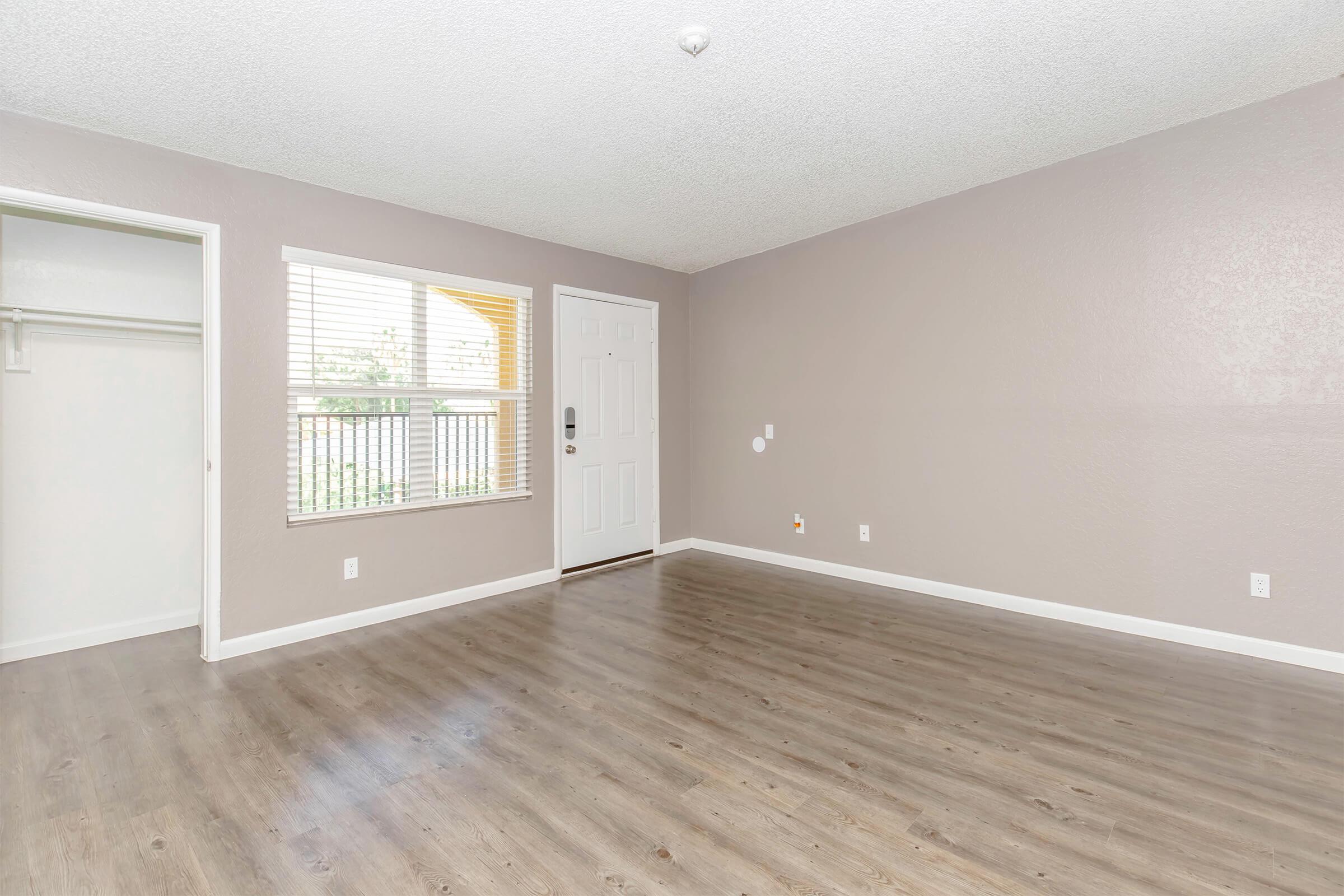 Empty room with light brown walls and laminate flooring. Features a window with blinds letting in natural light, a door, and a small closet. The space is well-lit and minimalistic, ideal for interior design or furnishing.