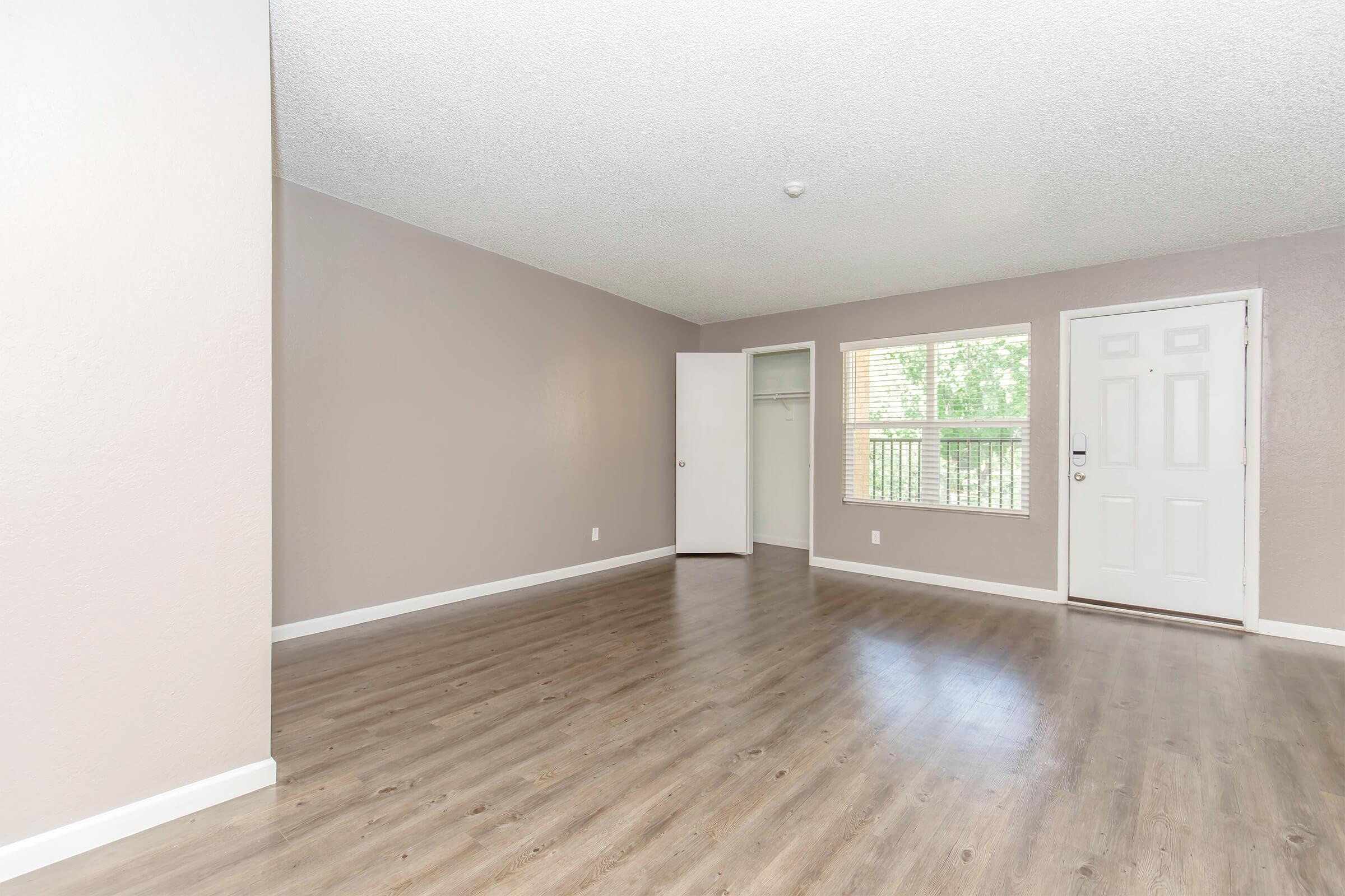 A spacious, empty living room with light gray walls, a window providing natural light, and a door leading outside. The floor is made of wood-like laminate, and there is a small closet visible. The overall atmosphere is bright and inviting.
