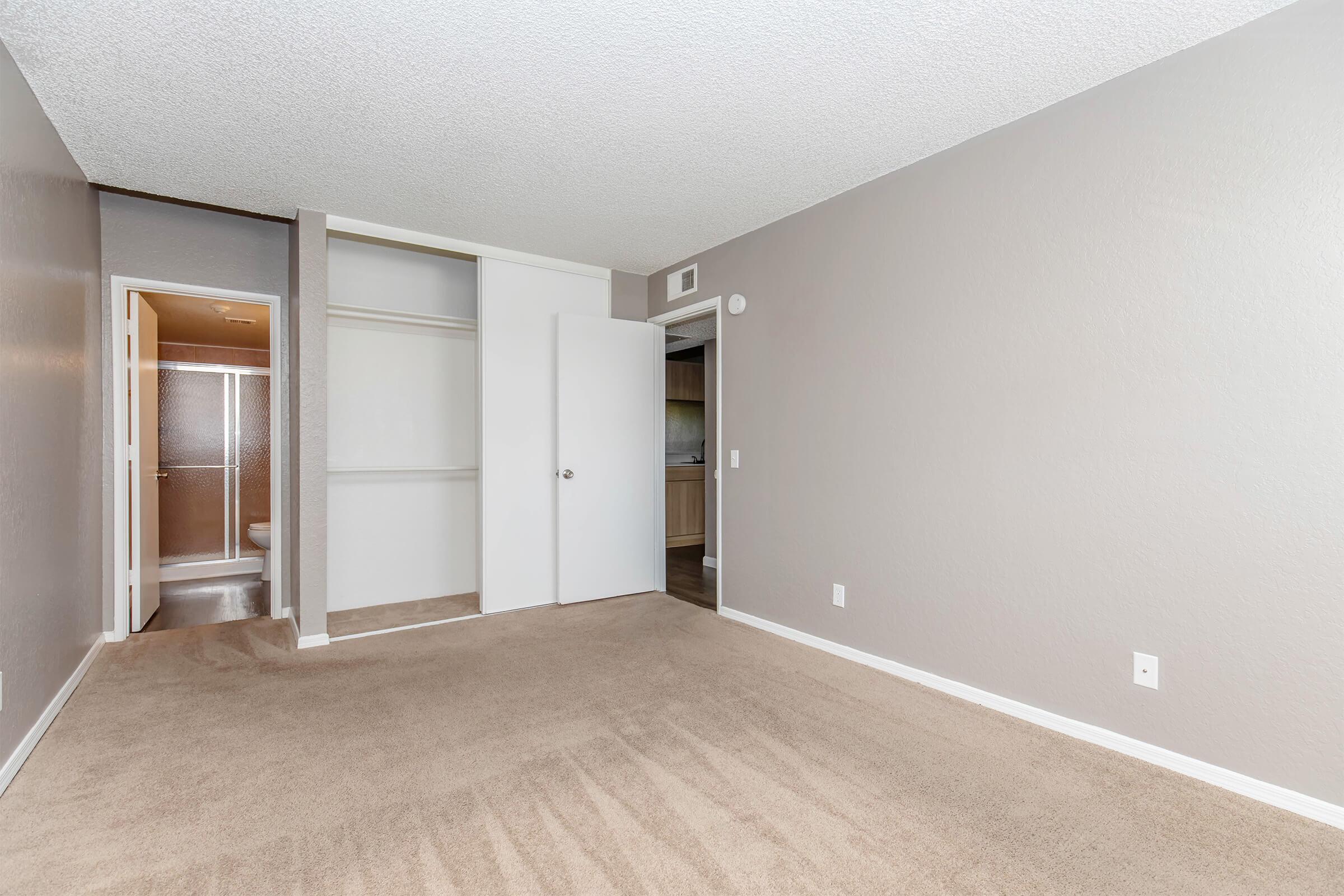 Spacious room with light gray walls and carpeted flooring. A closed closet is visible on the left, with a bathroom entrance in the background. The room features a doorway leading to another area, creating an open and inviting atmosphere.