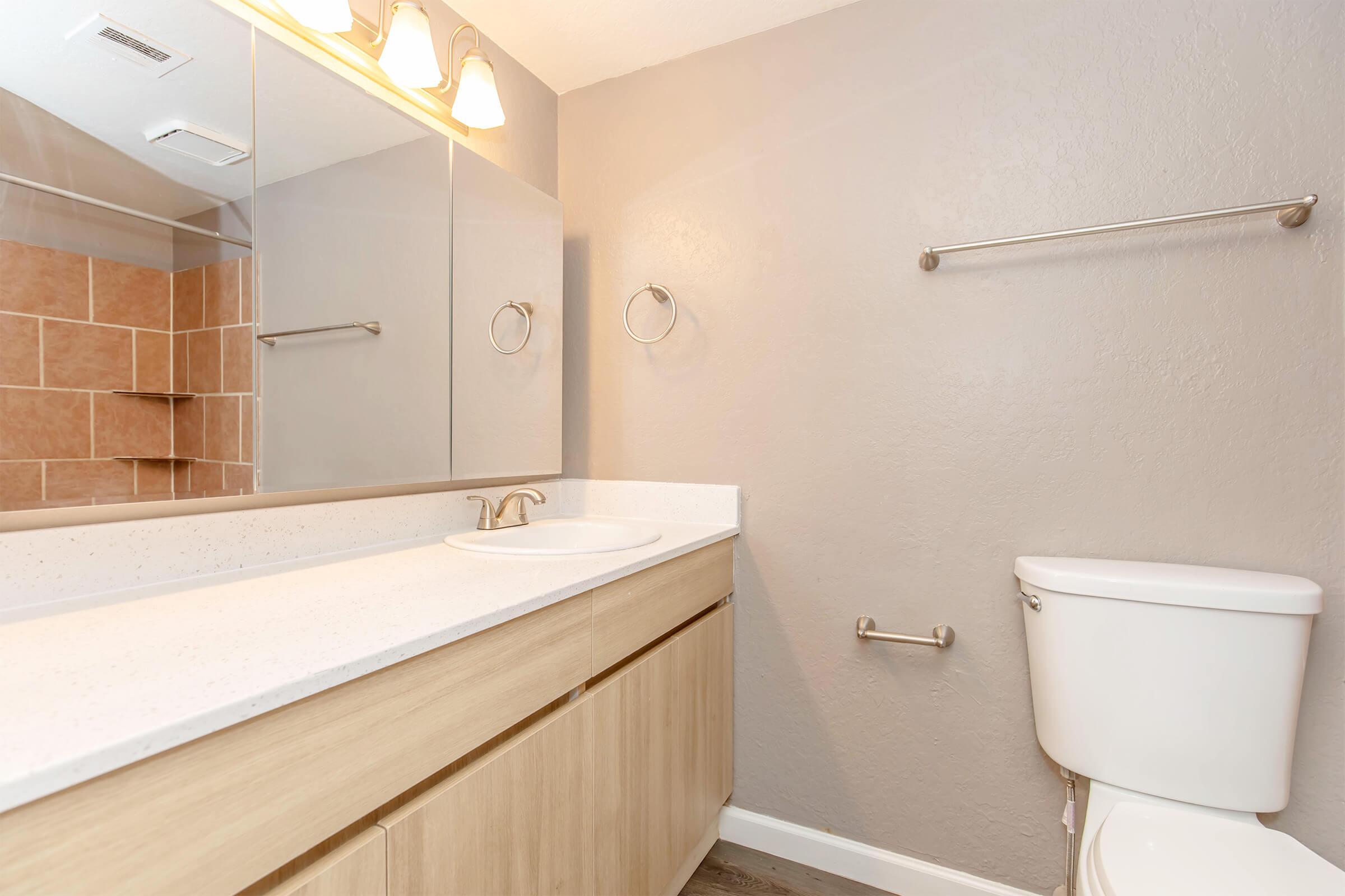 A modern bathroom featuring a double vanity with a white countertop, a large mirror, and a wall-mounted towel holder. The space includes a toilet and a walk-in shower area with brown tiled walls. Soft lighting highlights the neutral color scheme of the room.