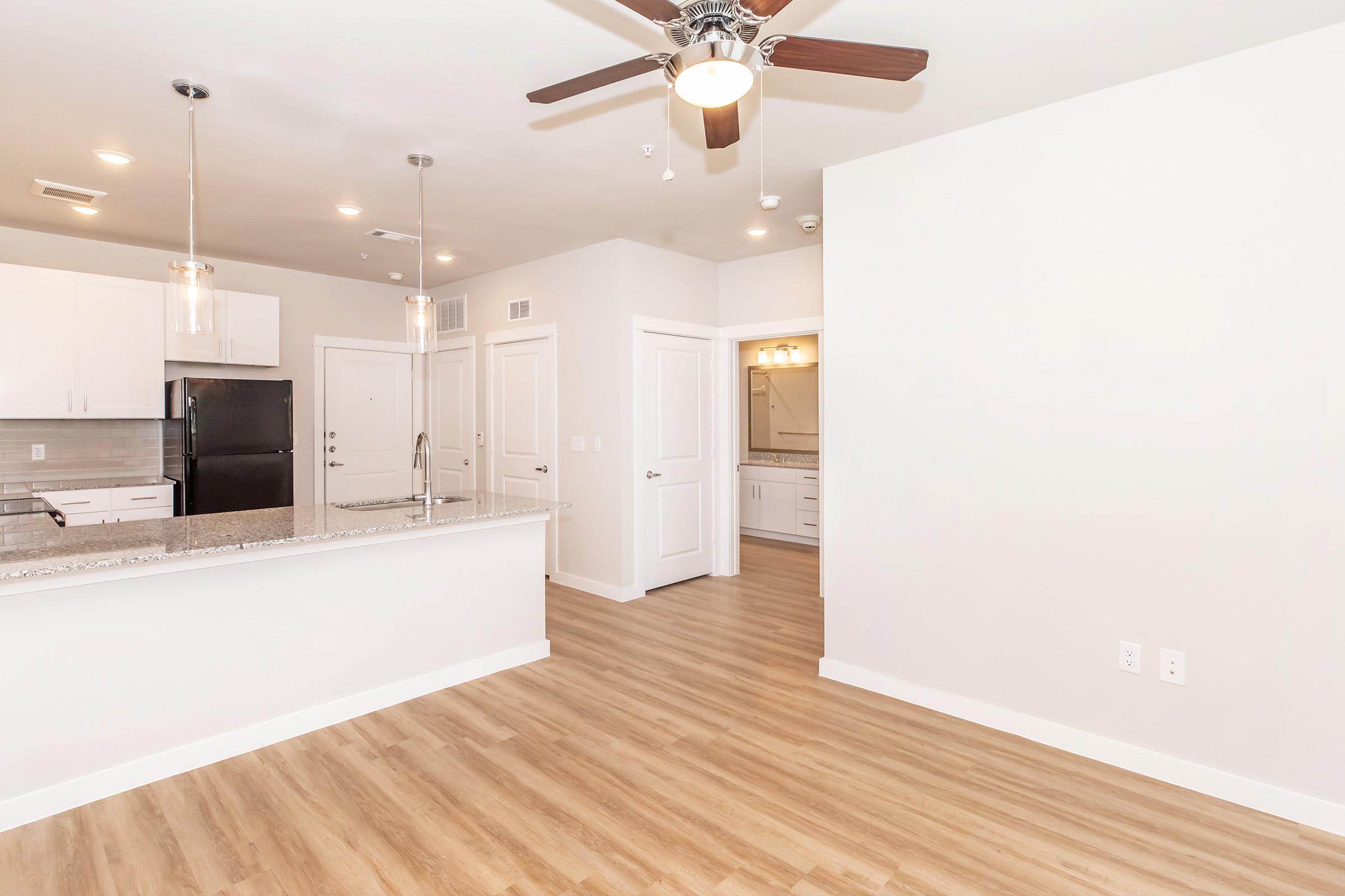 Modern apartment interior featuring an open layout with wood-style flooring, a kitchen with granite countertops and dark appliances, a ceiling fan, and doorways leading to additional rooms. Bright lighting from pendant lights enhances the spacious design.