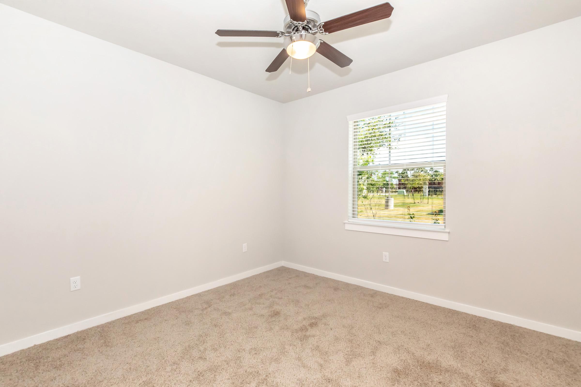 A brightly lit empty room featuring light beige carpet, a ceiling fan with wooden blades, and a window with white blinds letting in natural light. The walls are painted a soft gray, and there’s a view of greenery outside the window, enhancing the room's airy feel.