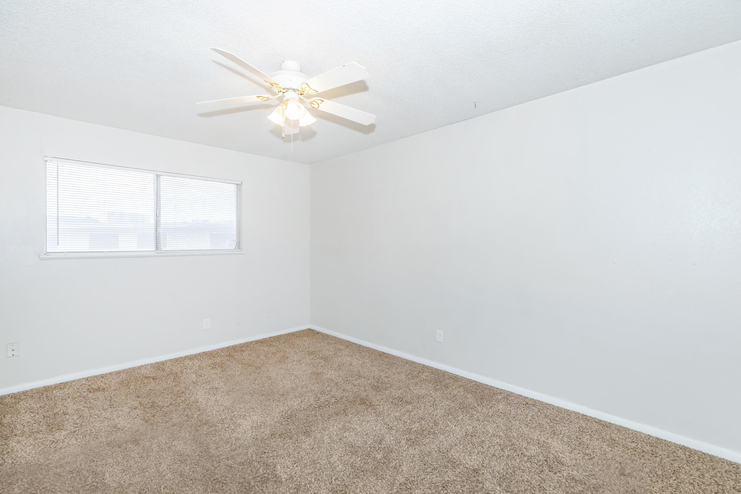 Empty room with light beige carpet and a ceiling fan. The walls are painted white and there's a window on one side with mini blinds. The overall ambiance is bright and spacious, suitable for potential furnishing and decoration.