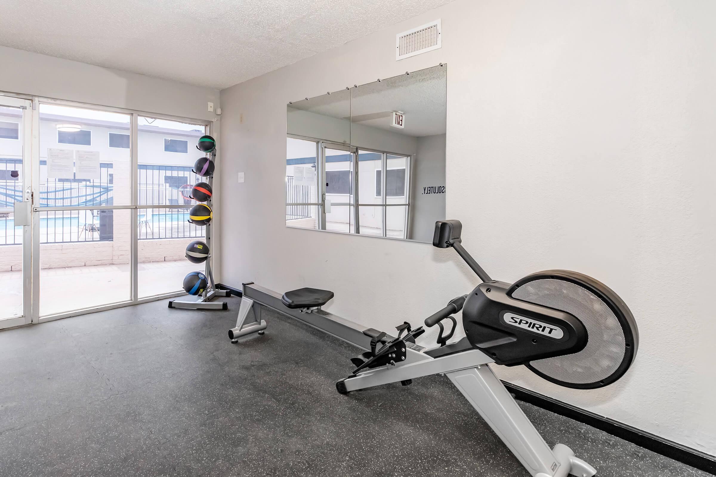 A fitness room featuring a rowing machine positioned against a wall with a mirror. The space has a door leading to an outdoor area with a pool view. Colorful exercise balls are stacked on the wall, adding to the gym's equipment aesthetic. The flooring is black and textured.