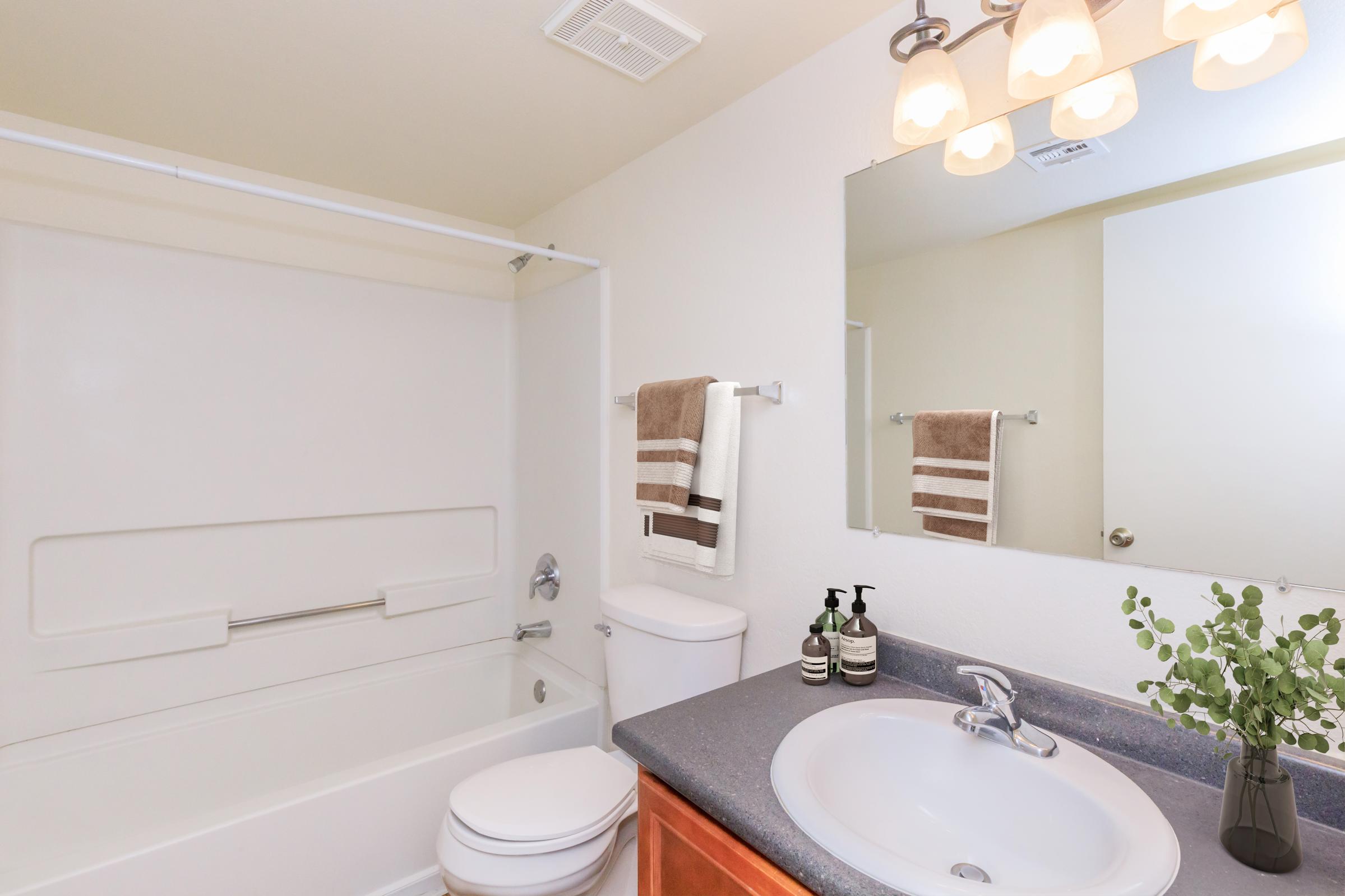 A clean and modern bathroom featuring a white bathtub with a shower, a toilet, and a sink with a countertop. There are two decorative towels hanging on a rack, toiletries on the counter, and a small plant. Soft lighting is provided by a light fixture above the mirror. The walls are a neutral color.