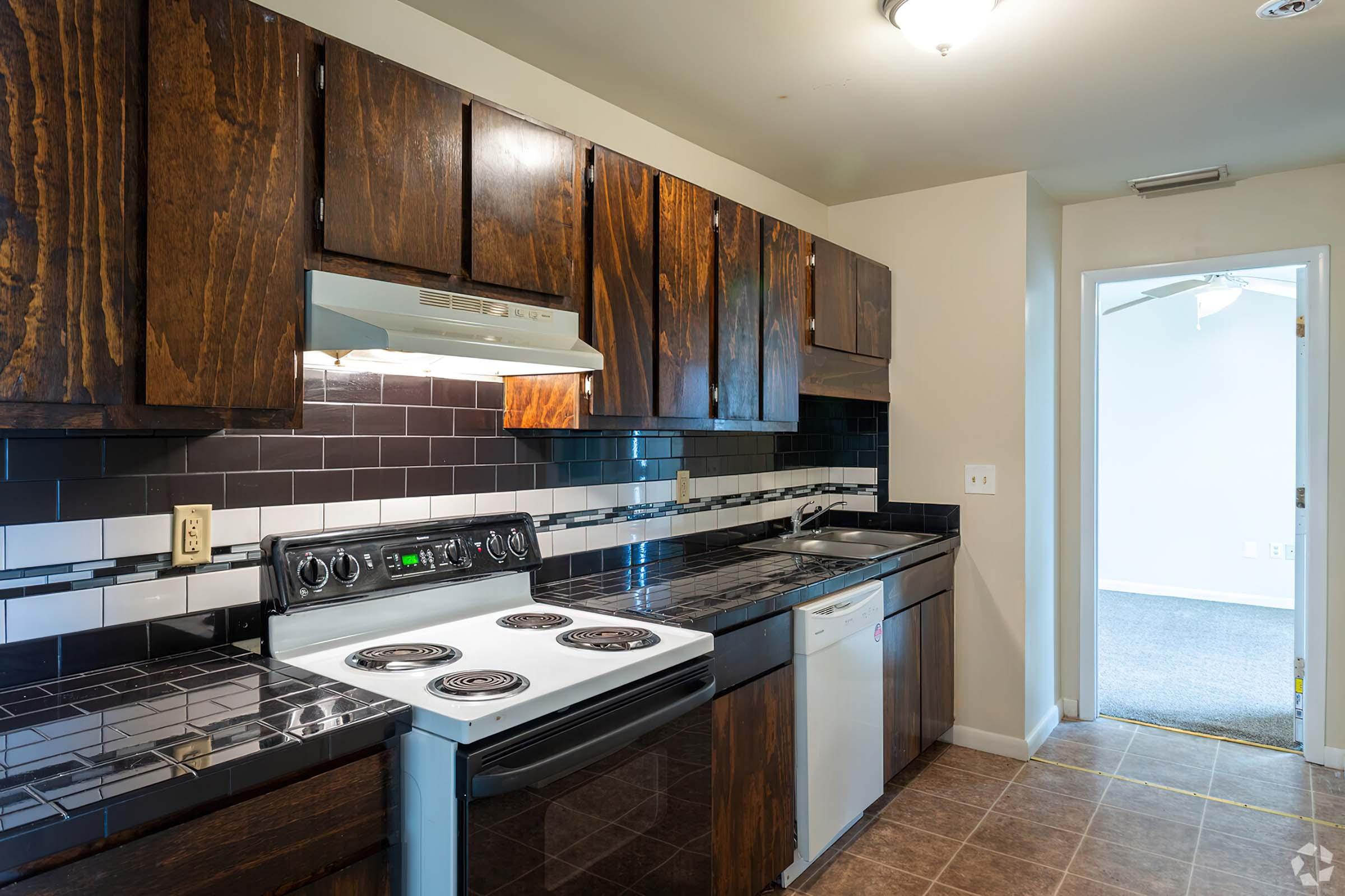 A modern kitchen featuring dark wooden cabinets, a black tile backsplash, an electric stove with four burners, an oven, a dishwasher, and a double sink. The space has overhead lighting and a doorway leading to another room with carpeted flooring.