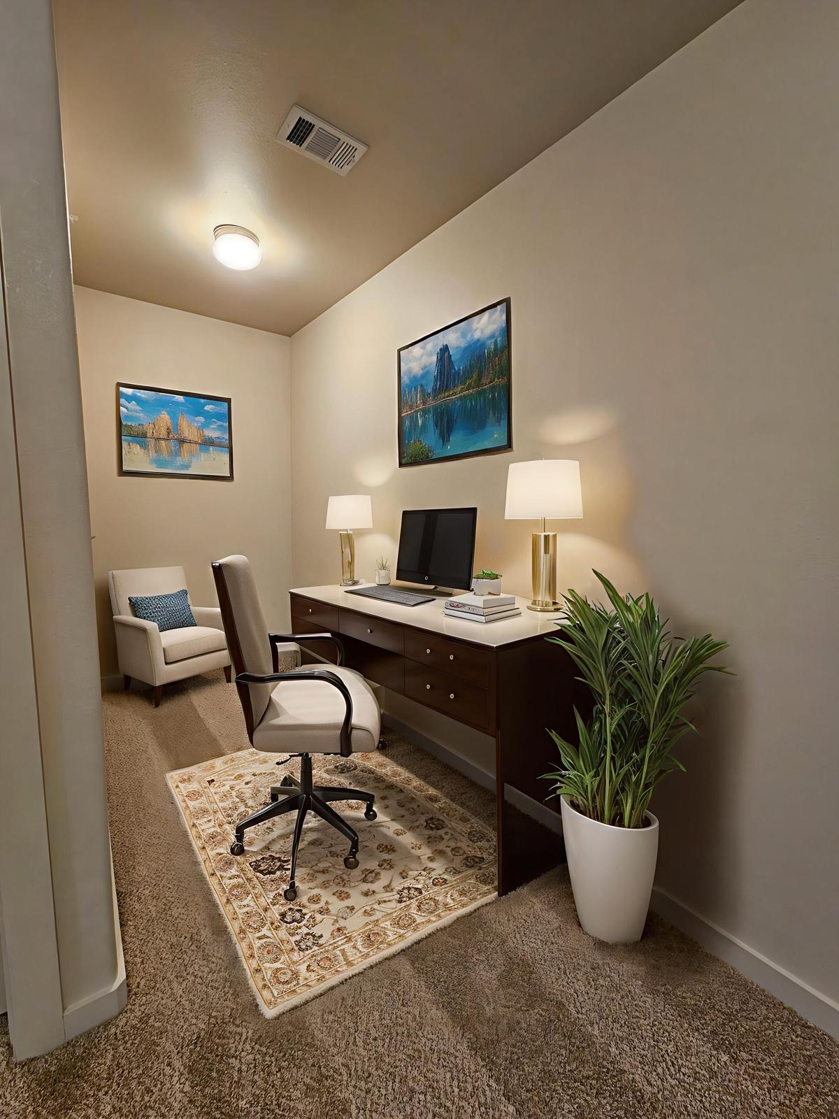 A cozy home office setup featuring a wooden desk with a computer, two lamps, and decorative items. A comfortable white armchair is positioned nearby, alongside a large, leafy plant in a white pot. The walls are adorned with two framed landscape paintings, and a patterned area rug covers the floor.