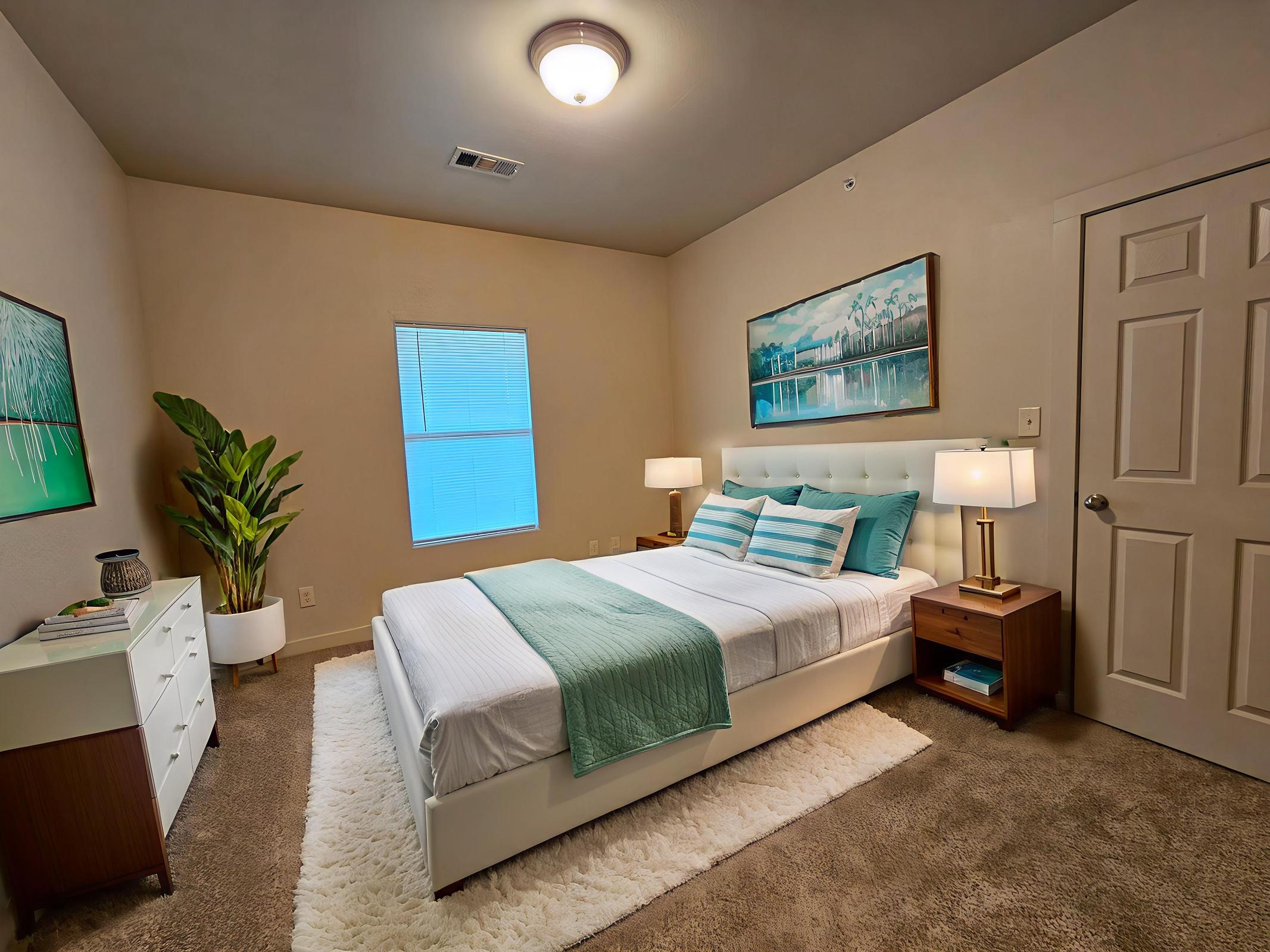 A cozy bedroom featuring a white bed with a light blue throw, two bedside lamps, and modern decor. There's a white dresser, a potted plant, and a large artwork above the bed. A window lets in natural light, and soft carpet covers the floor, creating a warm and inviting atmosphere.